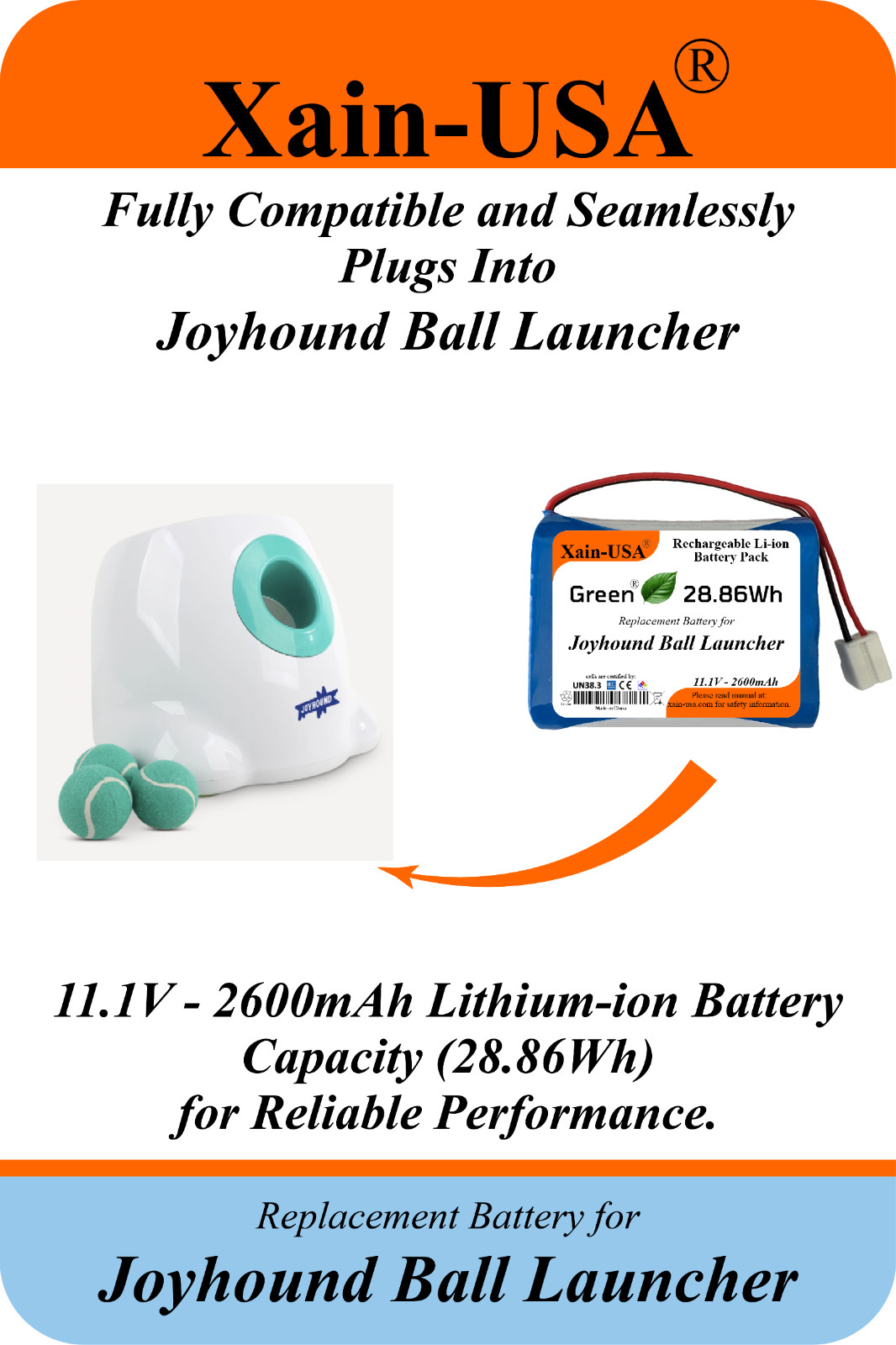 11.1V 2600mAh Replacement Battery for Joyhound Ball Launcher