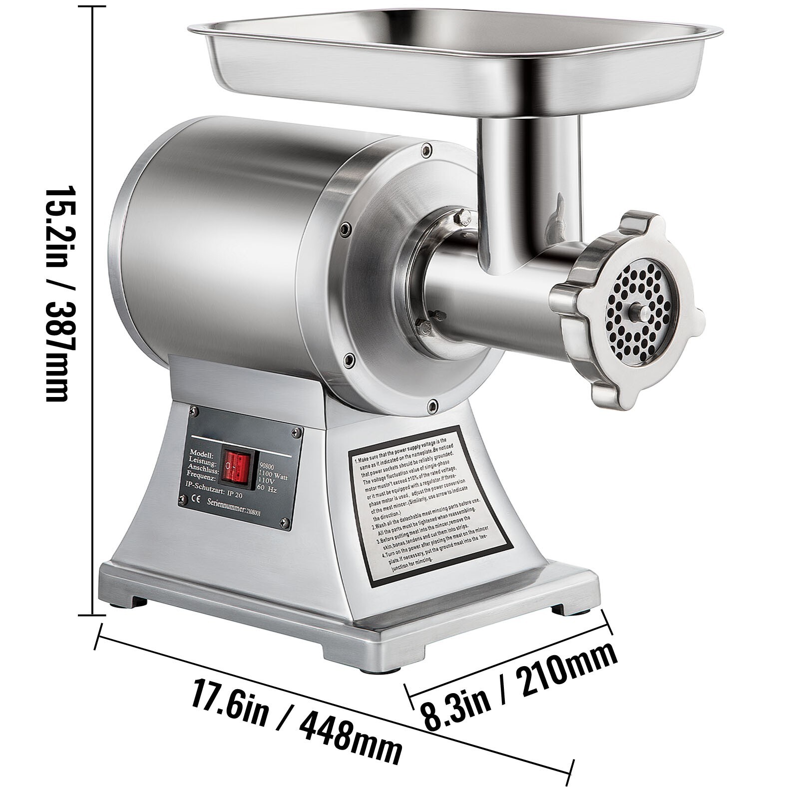 550lbs/H Electric Meat Grinder Mincer 1.5HP Commercial Sausage Stuffer Filler
