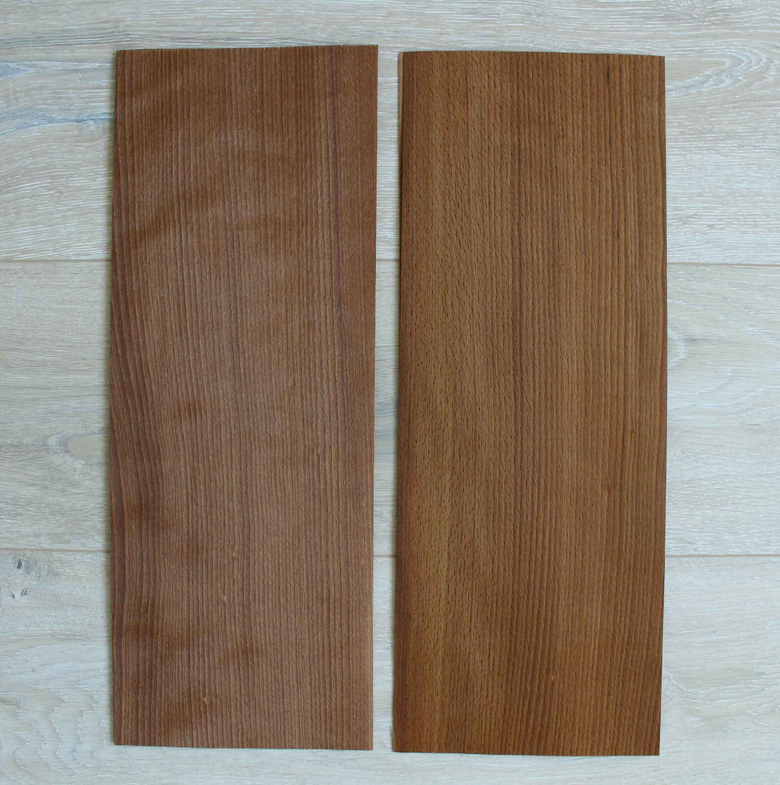 Beech Fumé wood veneer, 2 sheets, ~ 18.1 x 6.88″ (46 x 17.5cm), 0.55mm (~1/45″)