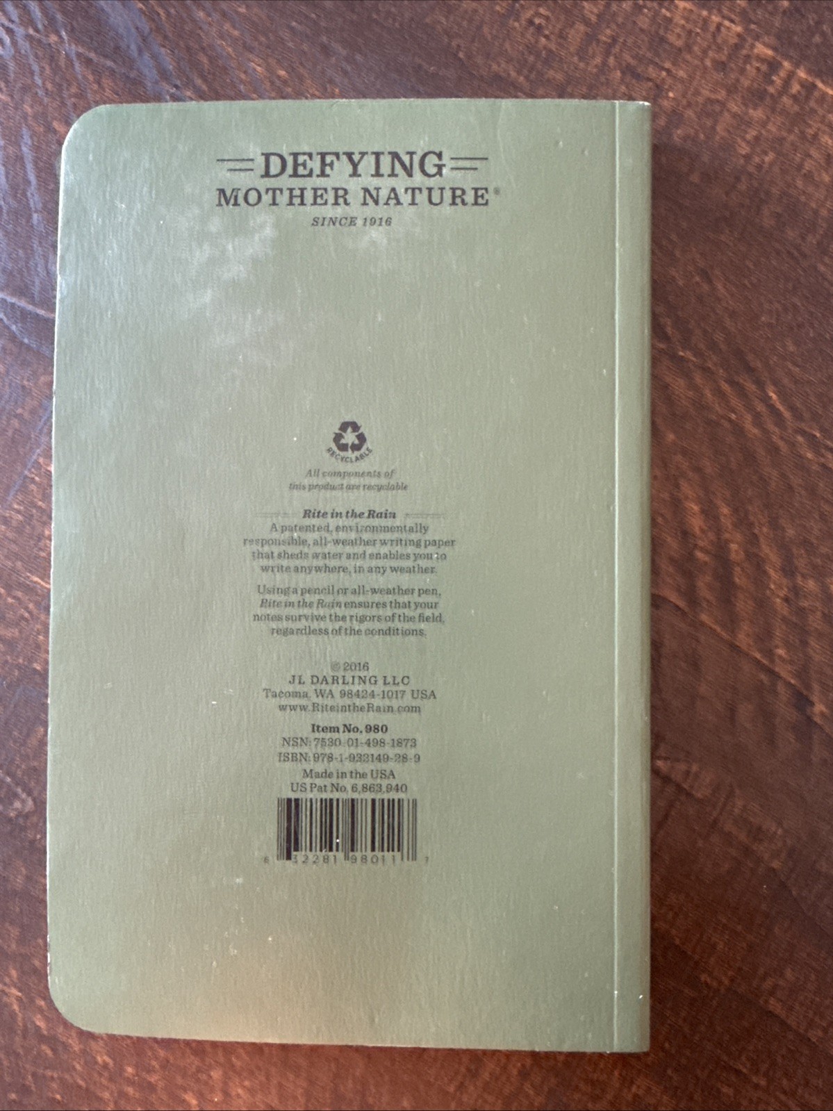 Rite in the Rain Weatherproof Soft Cover Field Notebook 4.75×7.5” Green No 980