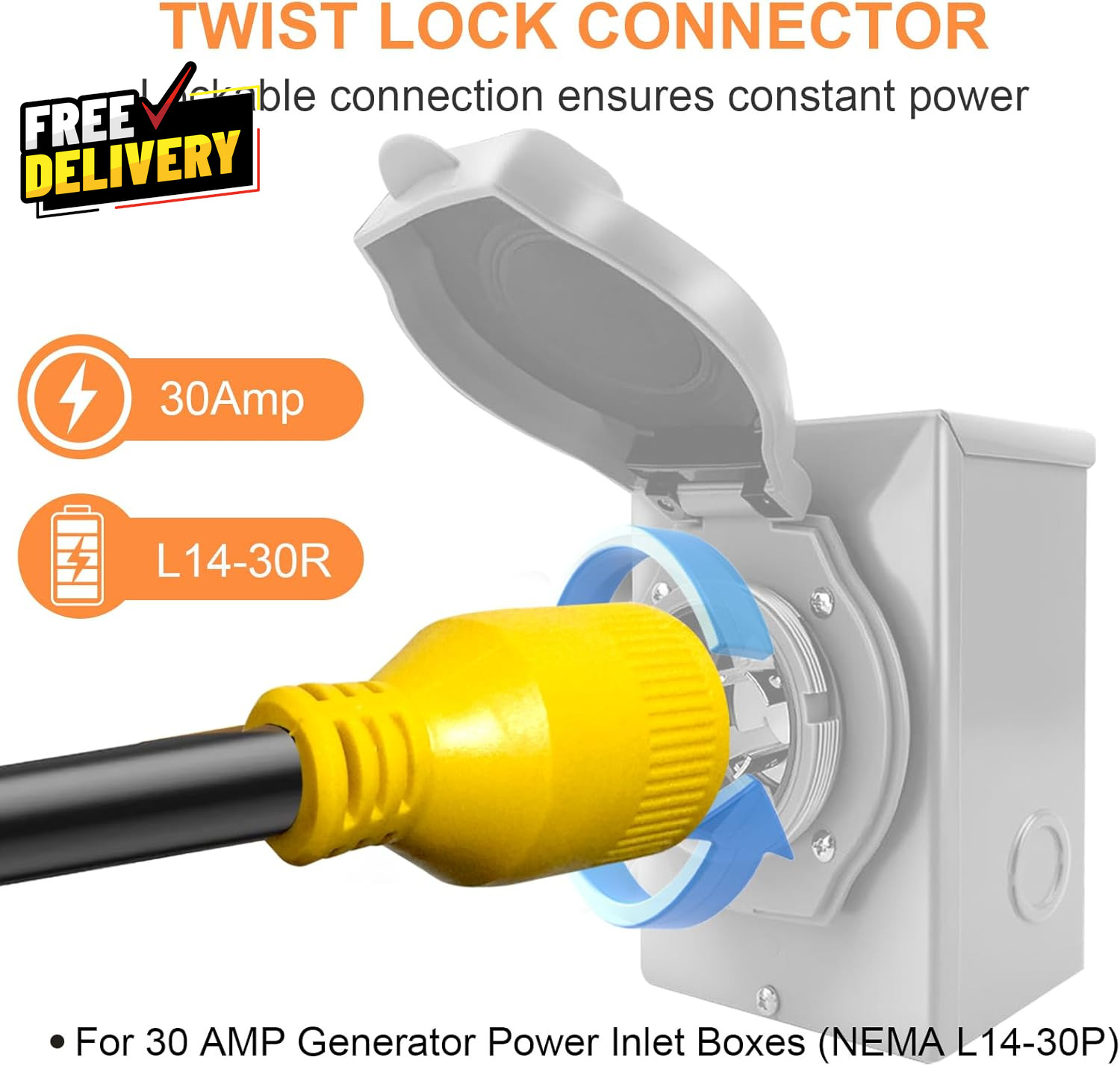 10Ft Generator Transfer Switch Adapter Cord NEMA TT-30P to L14-30R, 3 Prong 30 A