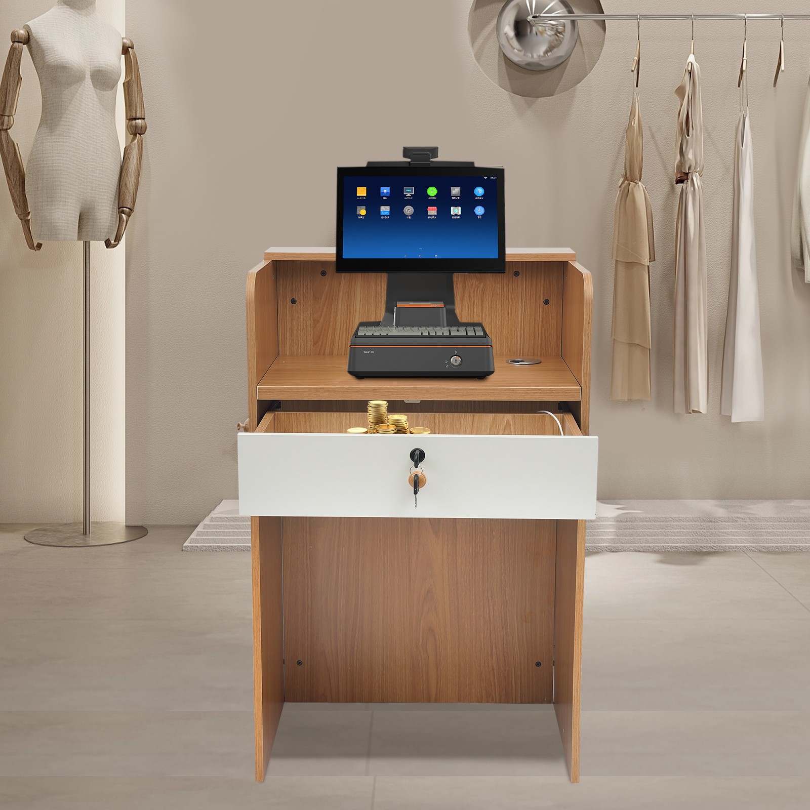 Reception Desk with LED Light, Checkout Counter Reception Desk W/ Storage Drawer