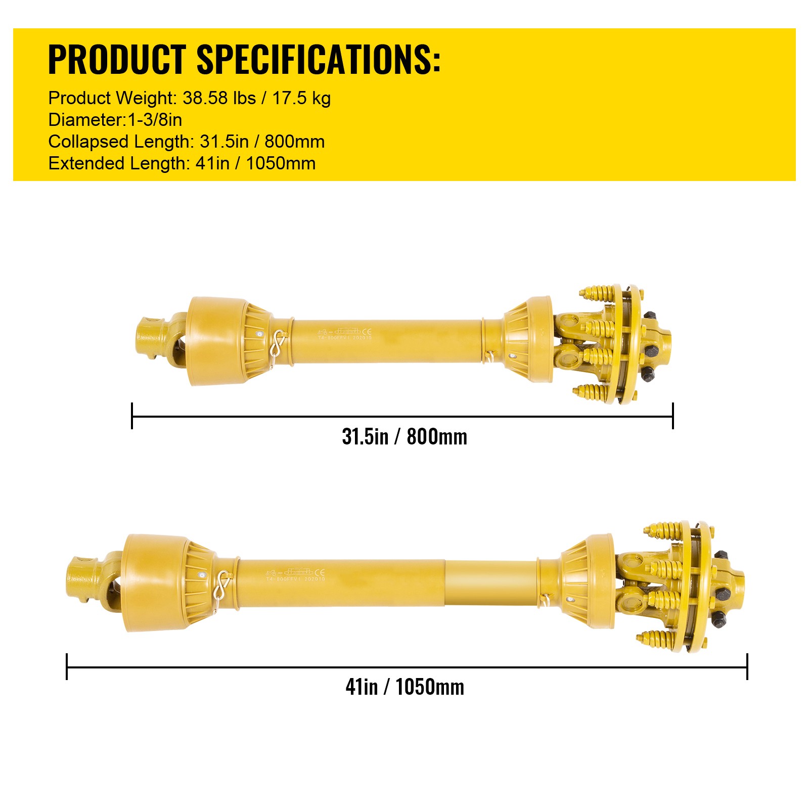 VEVOR PTO Shaft PTO Drive Shaft 1-3/8″x6 Spline w/Slip Clutch Yellow T4 31.5-41″