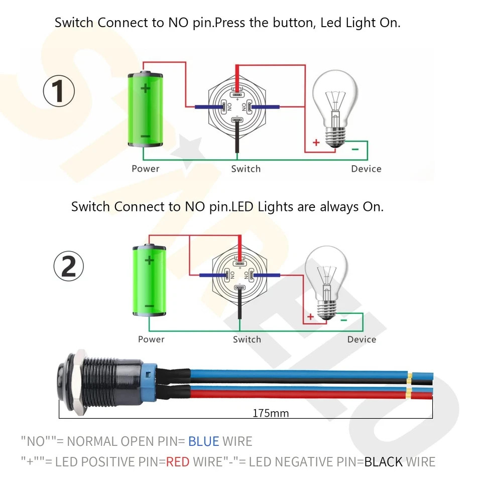 5PCS 12mm Latching LED Push Button Switch Mini Round Black Shell with Pre-Wired