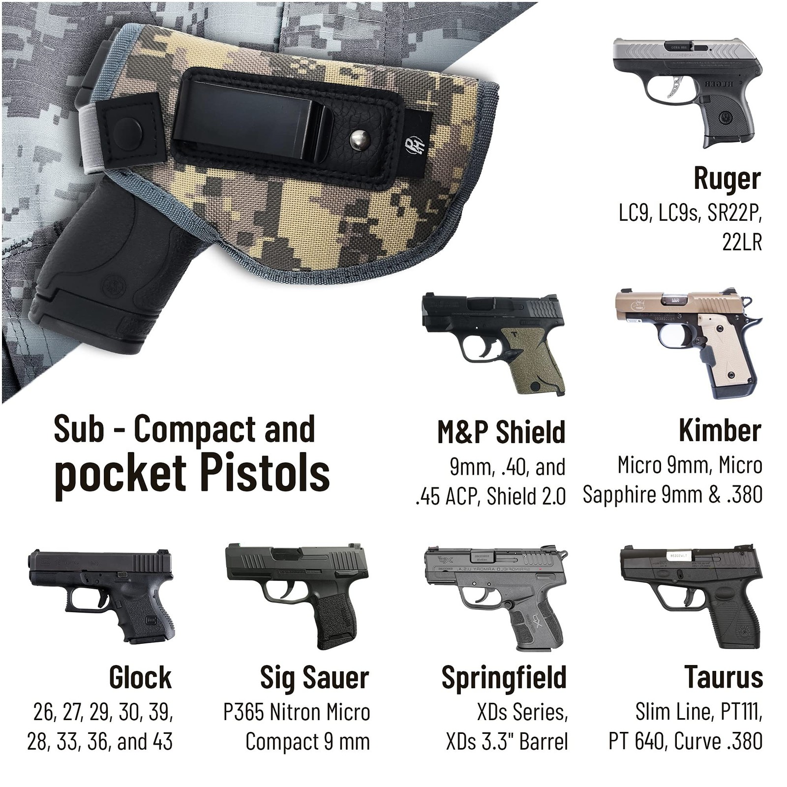PH Tactical IWB Gun Holster Concealed Carry Camo Nylon Compact 9mm 380 Clip