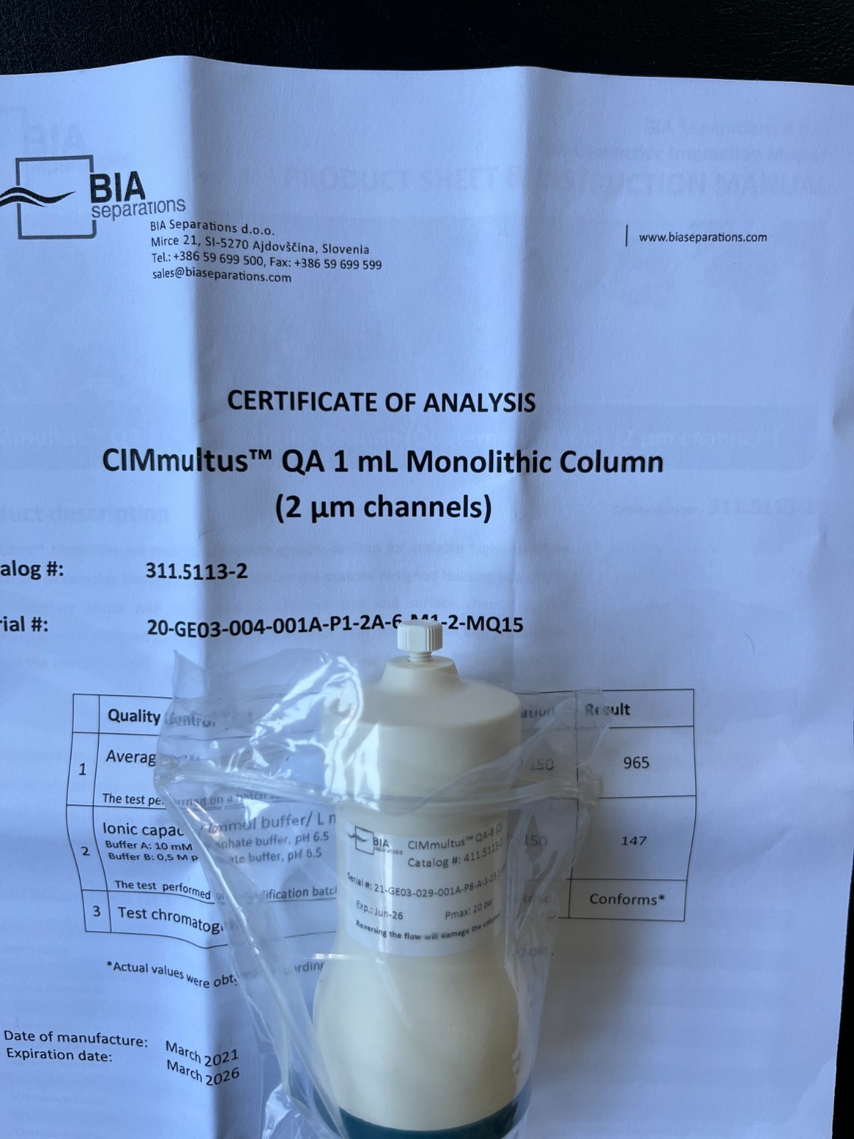 SARTORIUS/ BIA Separations CIMmultus QA 1 mL Monolithic Column (2 μm) 311.5113-2
