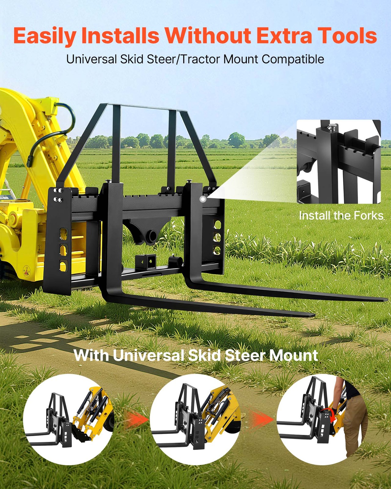 Uimoso Pallet Fork Frame Attachment with 48-inch Skid Steer Forks, 4000 lbs