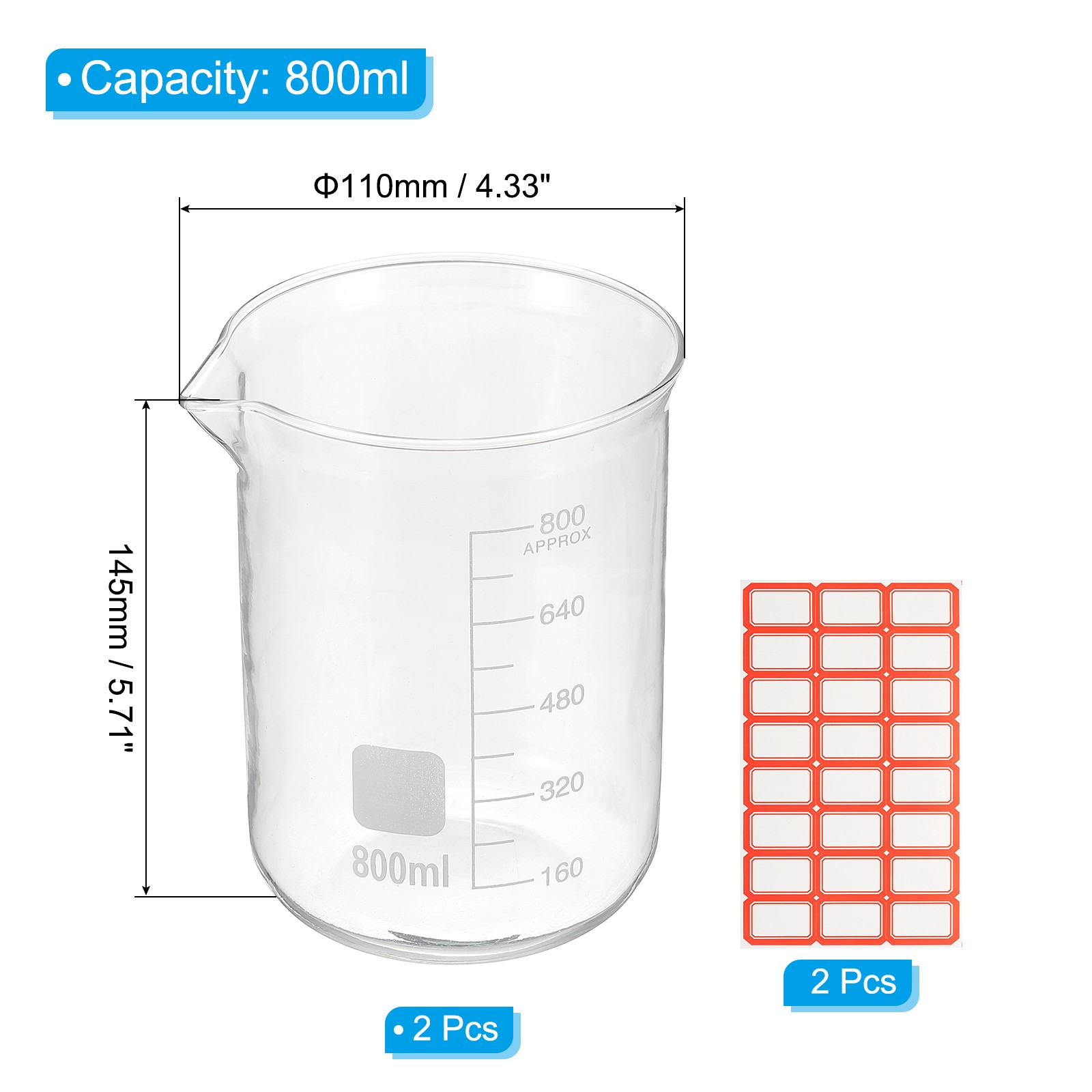 800ml Glass Beaker, 2 Pack Measuring Glass Beaker Graduated Borosilicate Cups