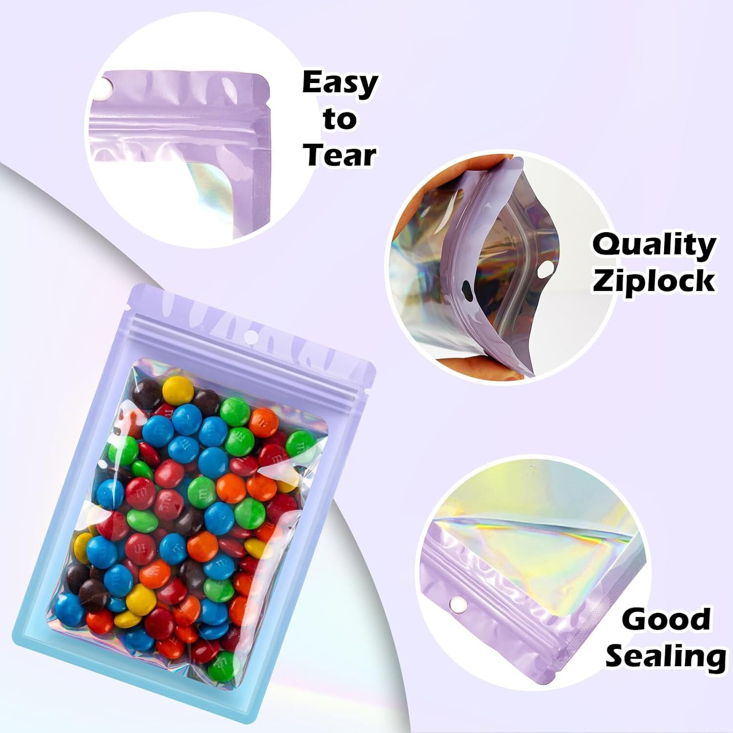 100 Holographic Mylar Foil Bags Smell Proof Resealable Zip Seal Pouches Gradient