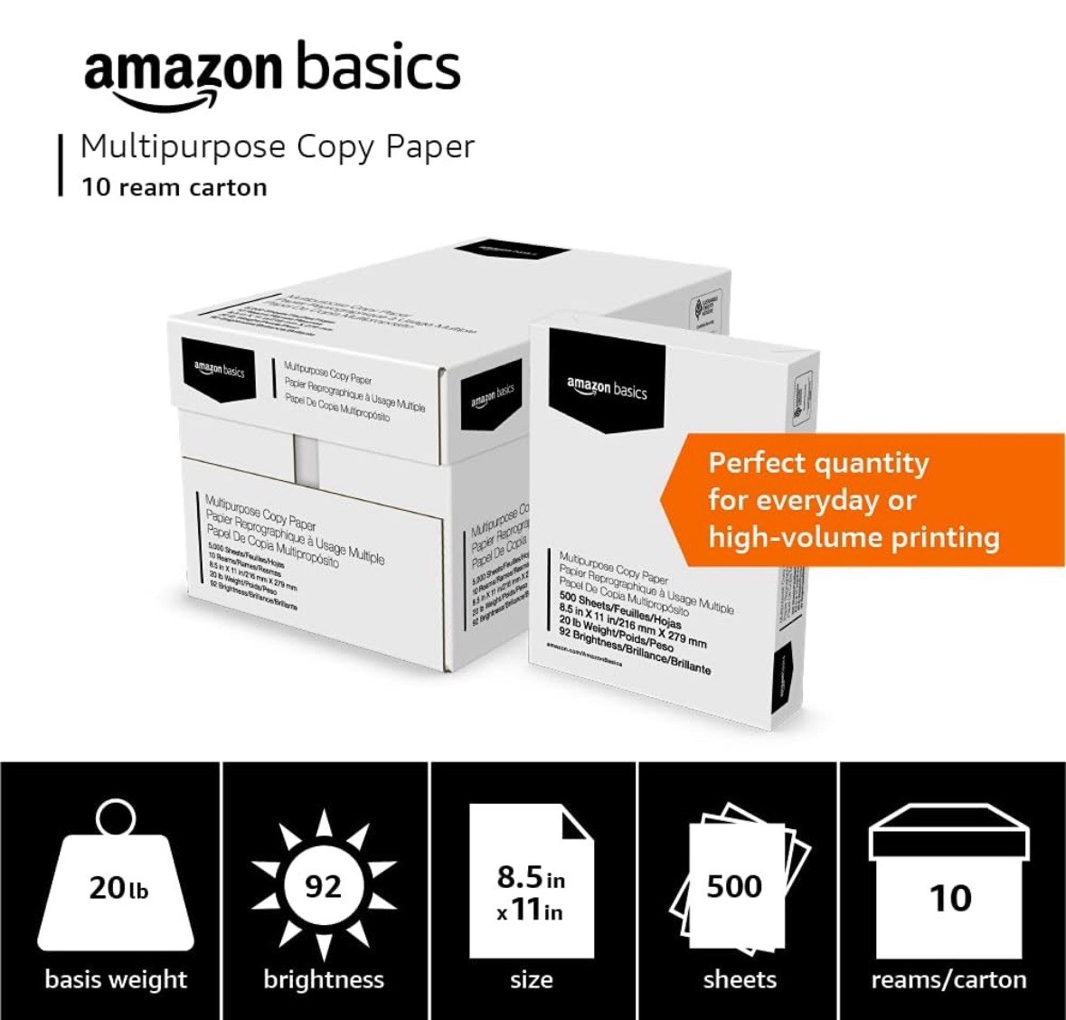 Amazon Basics Multipurpose Copy Printer Paper, 8.5 x 11 in, 20 lb, 5000 sheets