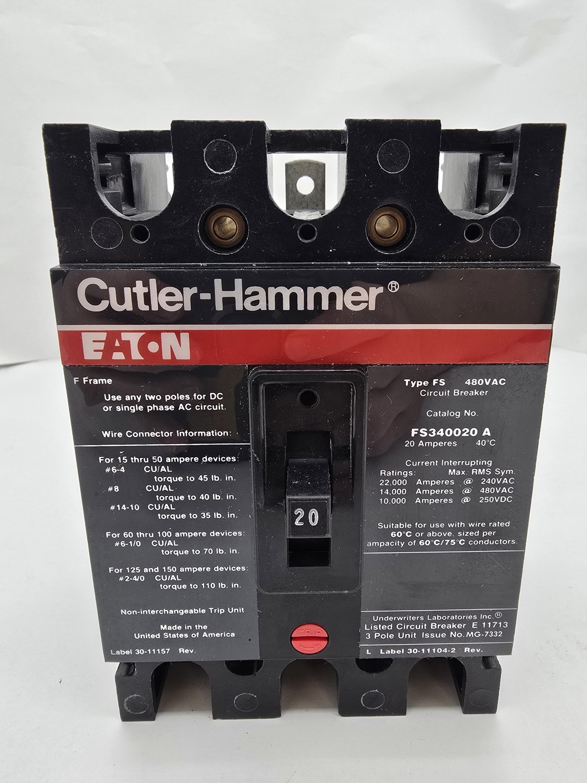 Cutler-Hammer FS340020A Bolt-On Circuit Breaker 20A 3P 3PH 480V 14KA FS