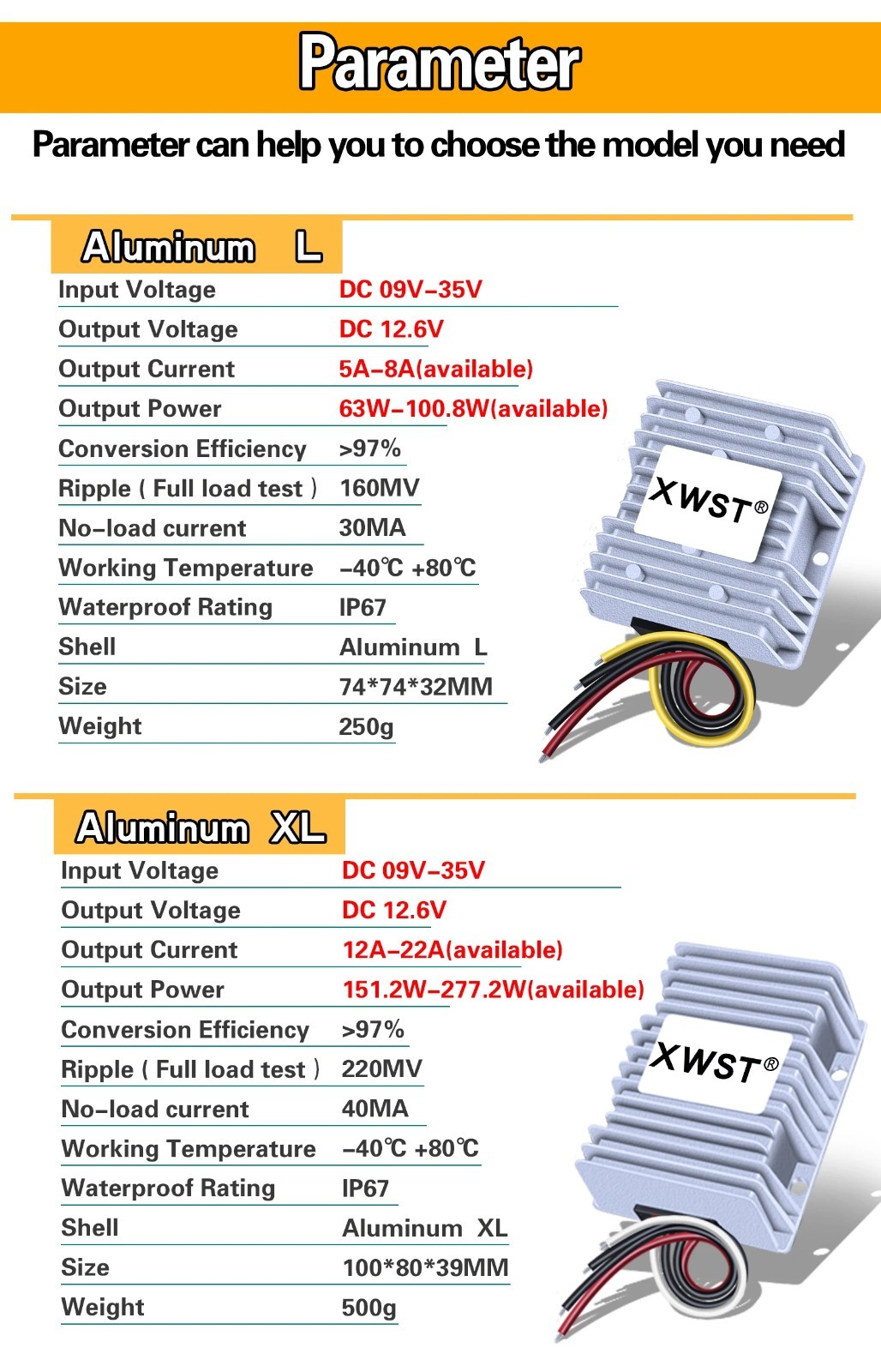 DC DC Battery Charger Waterproof Converter Single Output 9-35V 12.6-14.5V 5-22A
