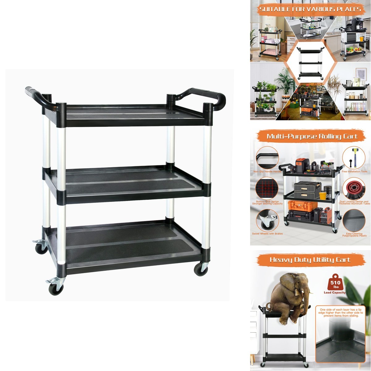 SFESGRER SFES-001 3-Tier Rolling Utility Cart 510 LBS 31.5″X16.9″X38.9″ Black