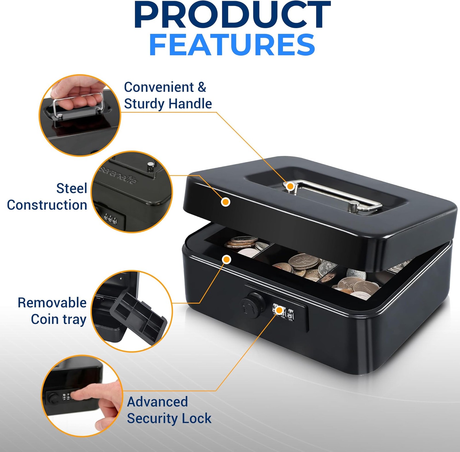 SereneLife 8″ Metal Cash Box with Lock | Cash Safe Lock Box with Money Tray |…