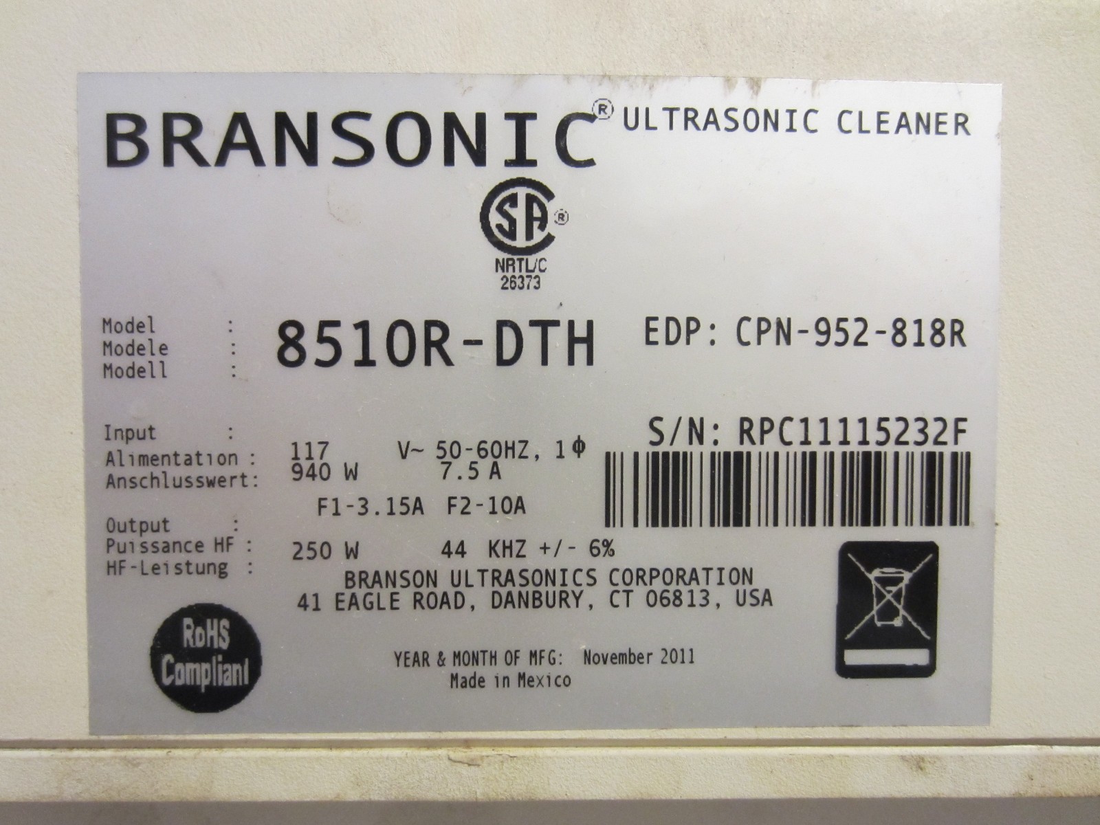 Branson 8510R-DTH Ultrasonic Cleaner – Used Working – 5232