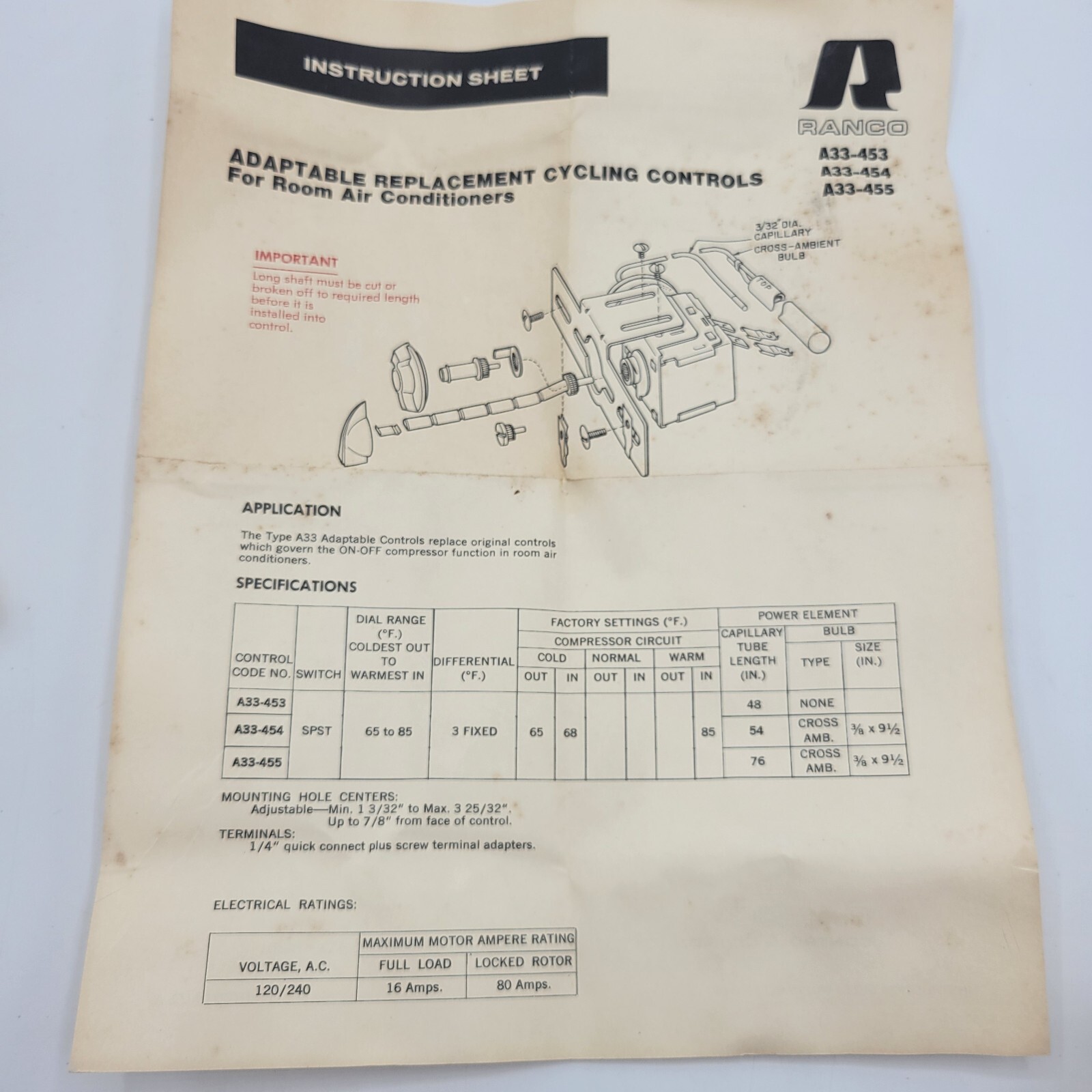 Ranco A33-453 Air Conditioning Control, 686608-05340, 34300-593c