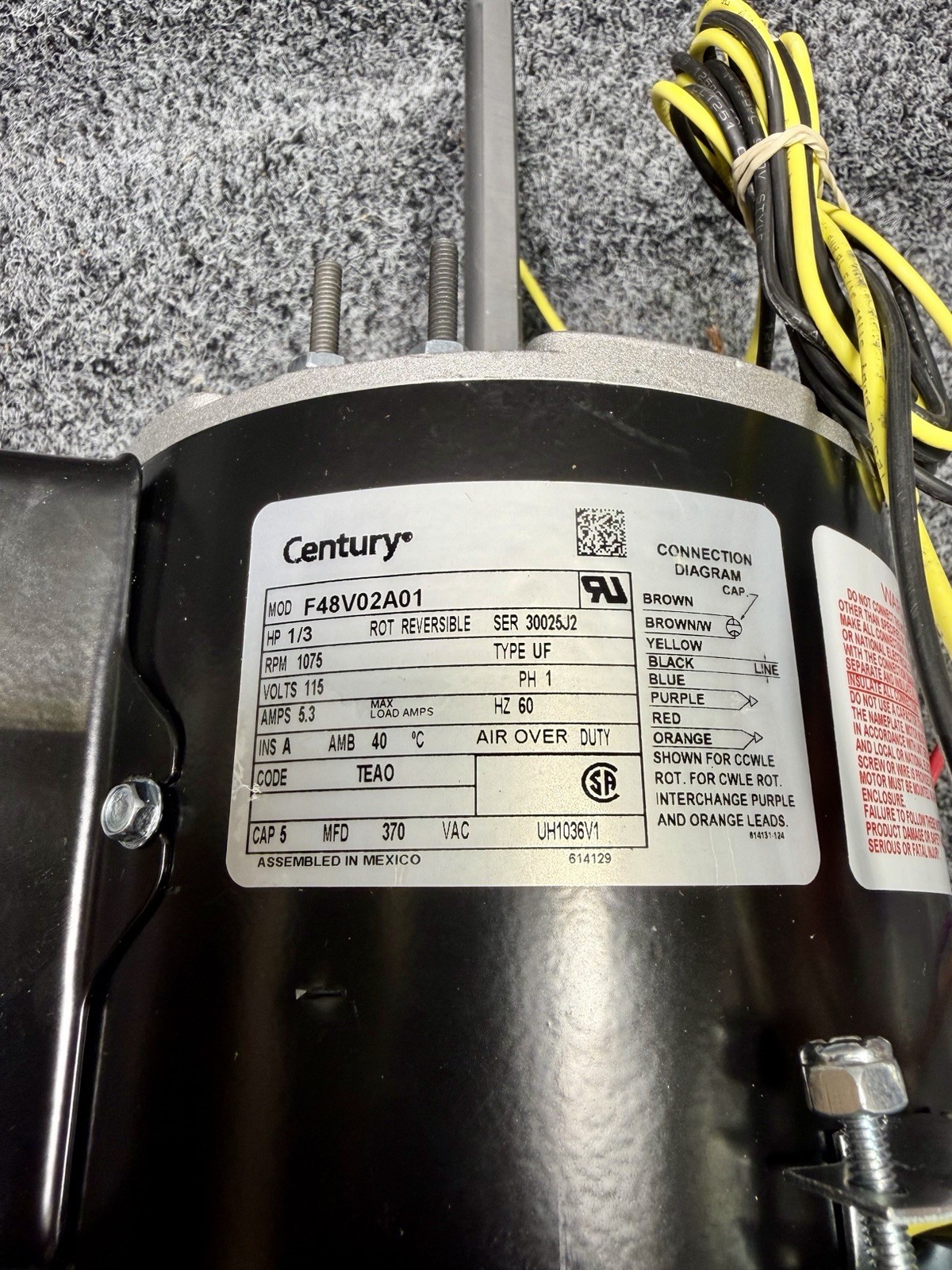 CENTURY UH1036V1 Unit Heater Motor, 1/3 HP, 1075 rpm, 48Y Frame, 115V 4UE28