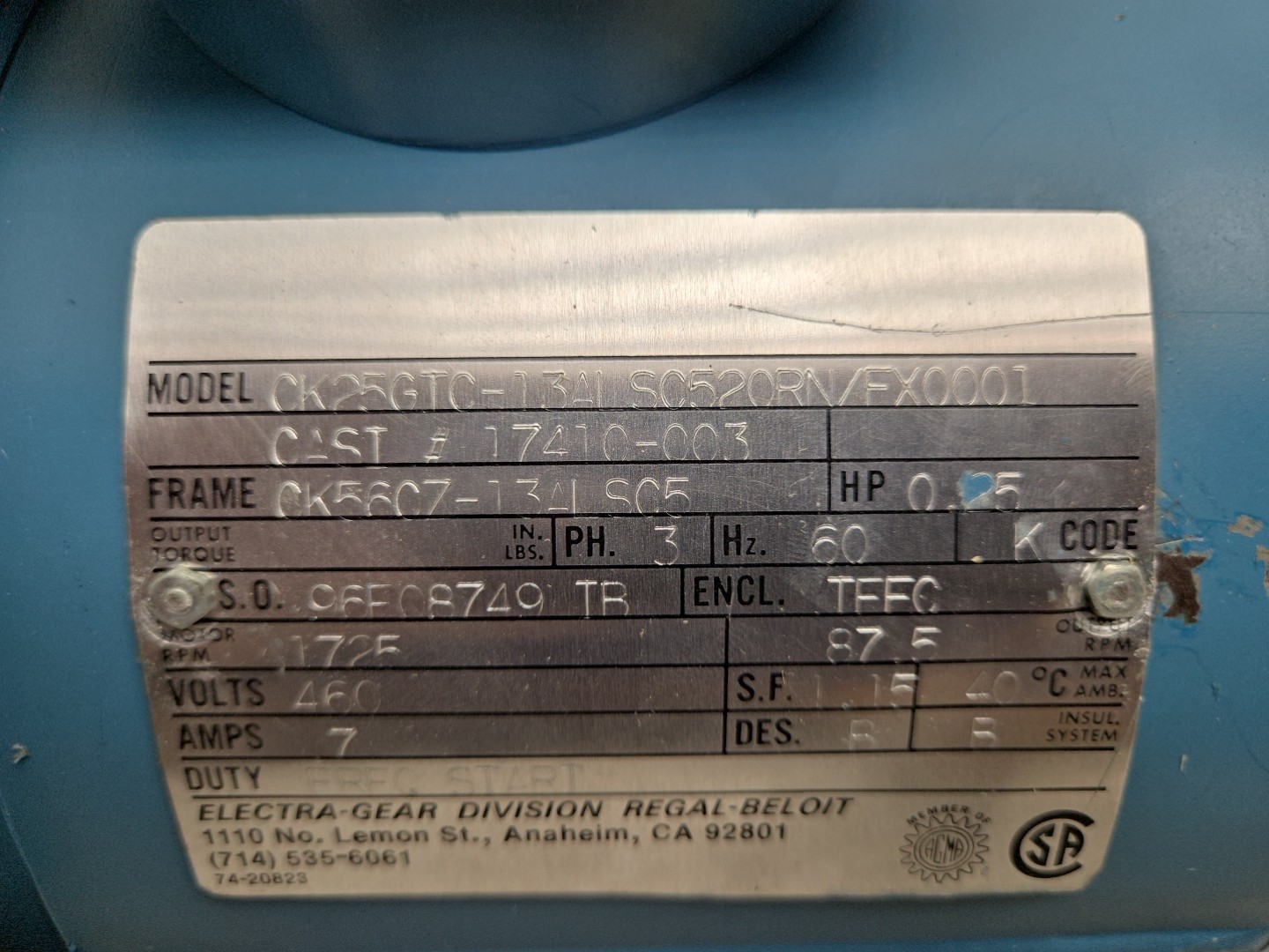 Electra Gear 1/4Hp Gearmotor 3Ph 1750Rpm 460V Gear Reducer CK25GTC-13AL SC520RN