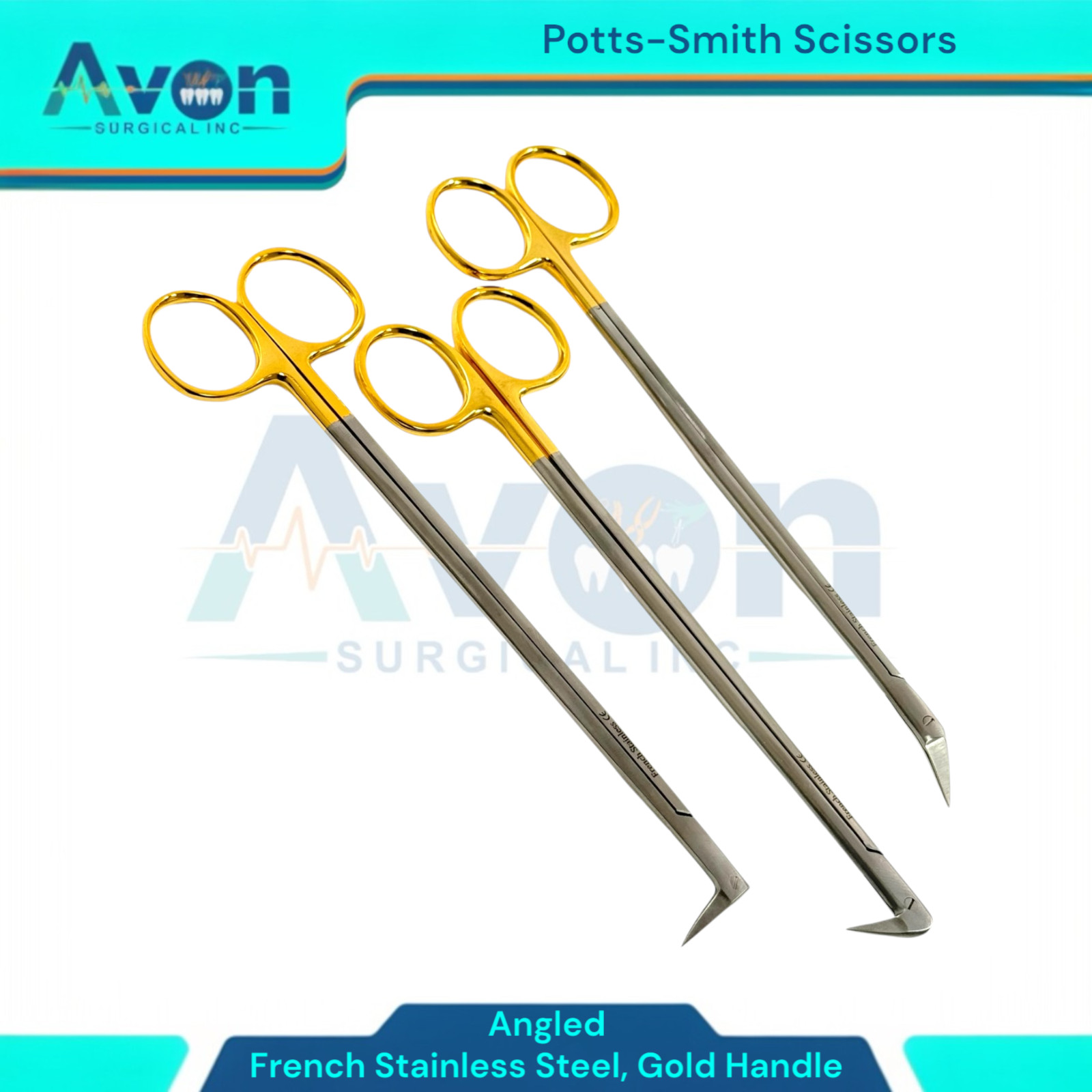 1pc Gold Handle Potts-Smith Angled Tip Vascular Scissors, French Stainless Steel
