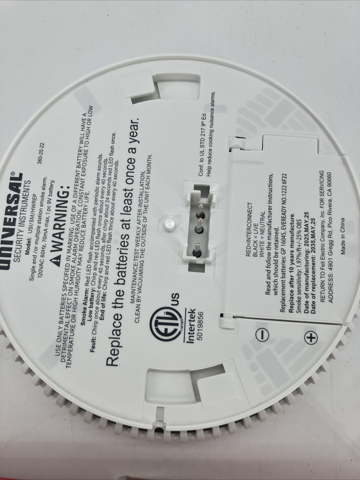 Universal Security Instruments Hardwired Battery Backup Smoke Detector