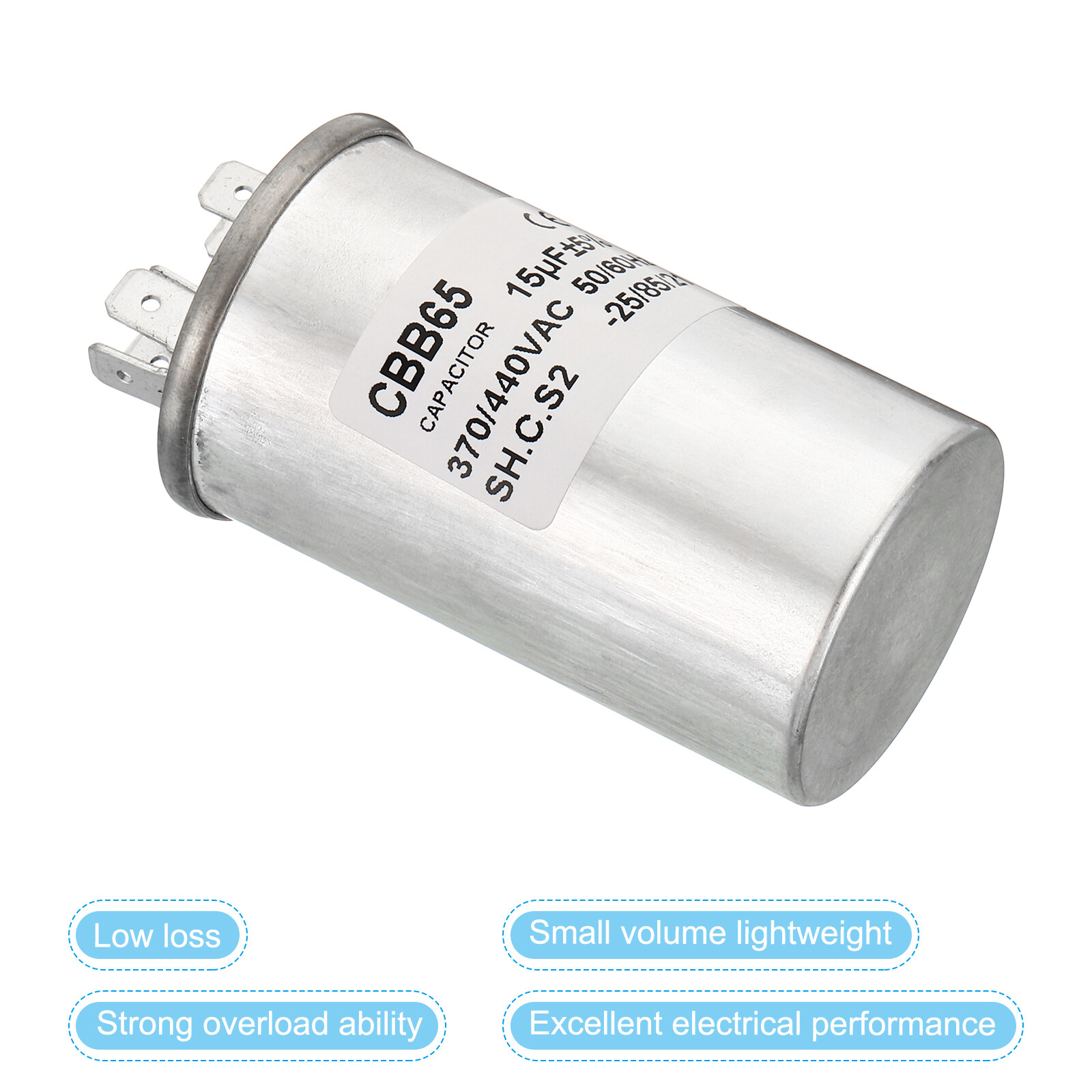 CBB65 15uF Run Capacitor 15mfd AC 370V / 440V Aluminum Case with 2 Terminal