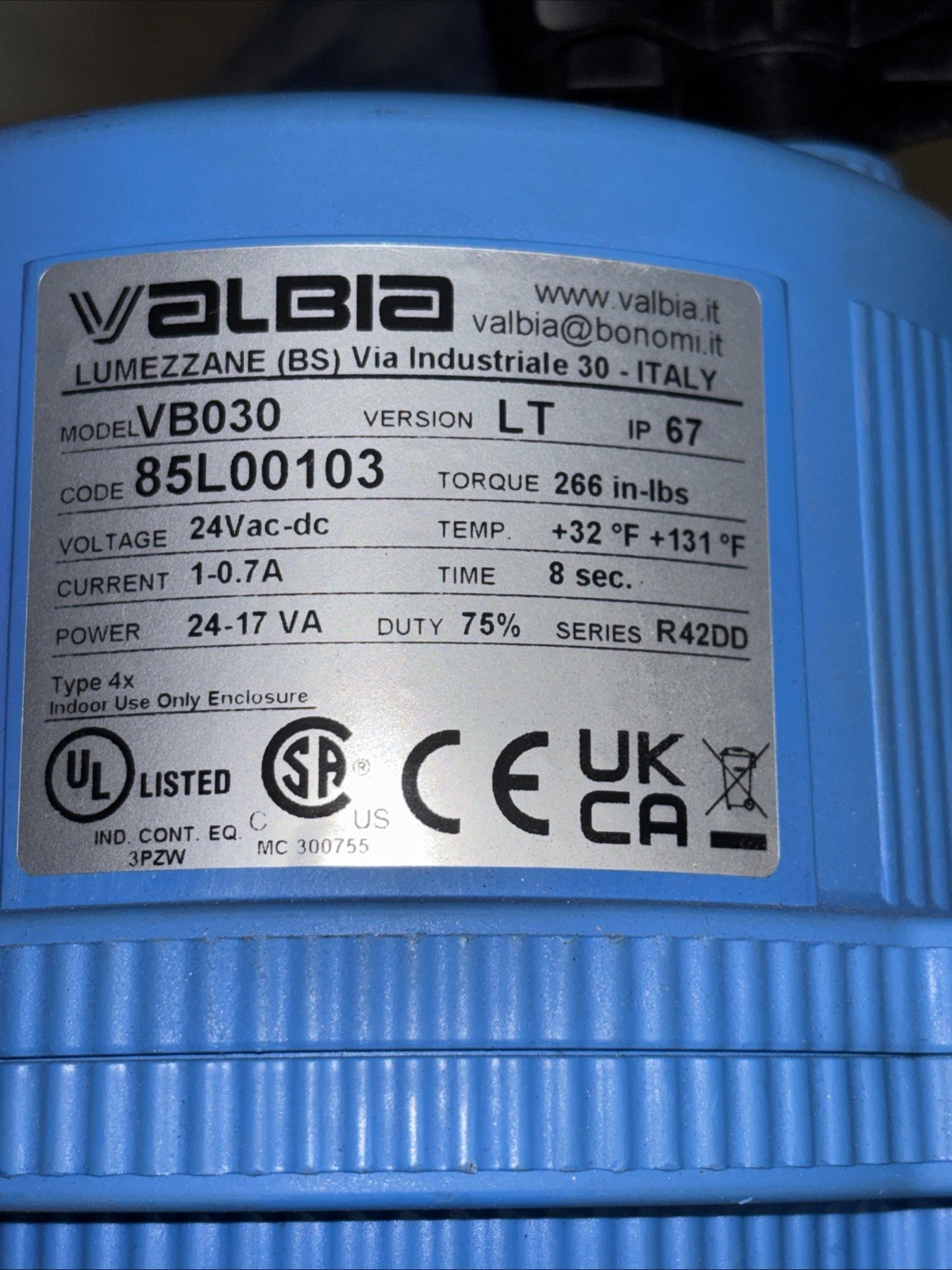 Valbia VB030 85L00103 24Vac/dc R42DD Series IP67 8 Sec 266 In -lbs 1-.07 W/ 2″