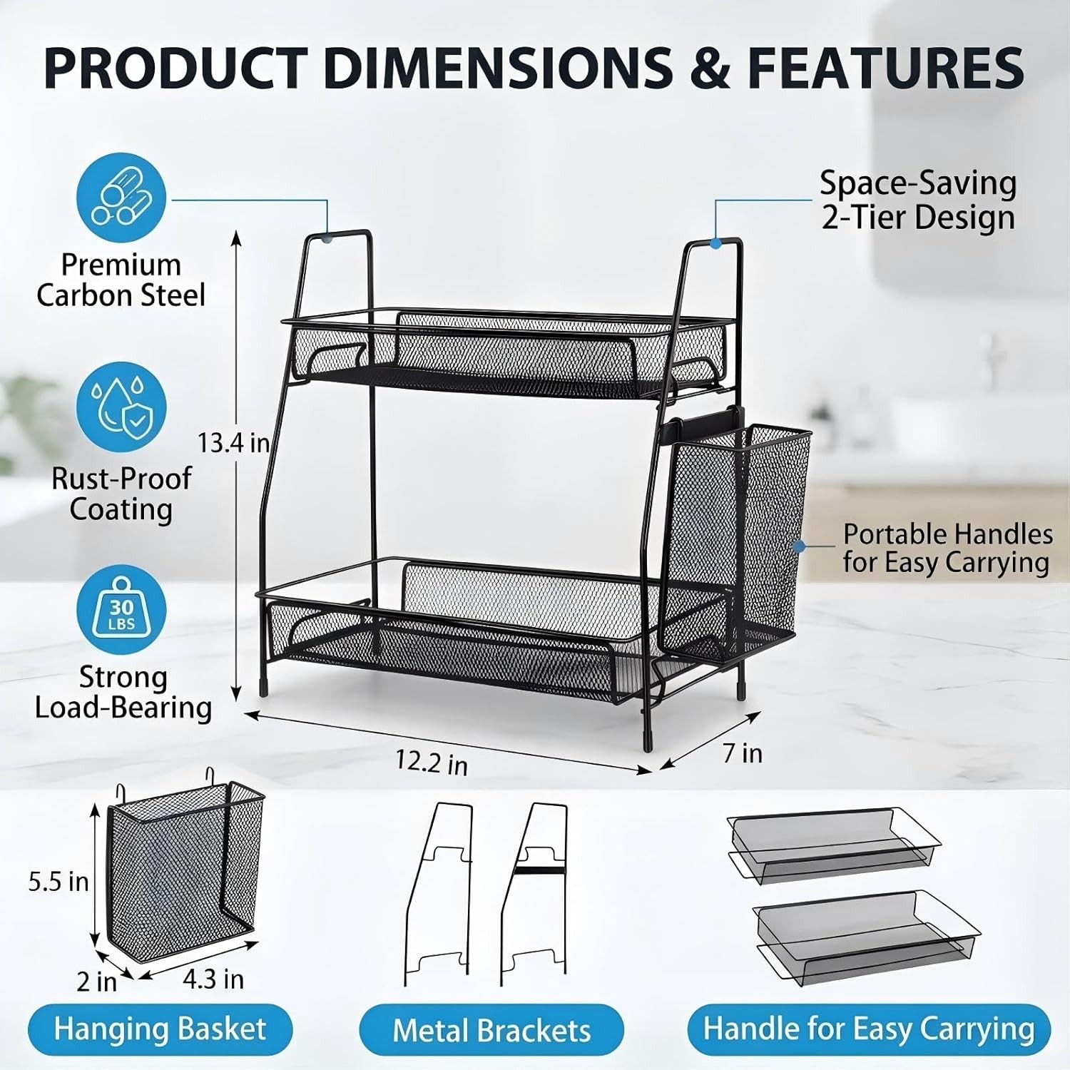 Two-tier countertop organizer with small storage basket