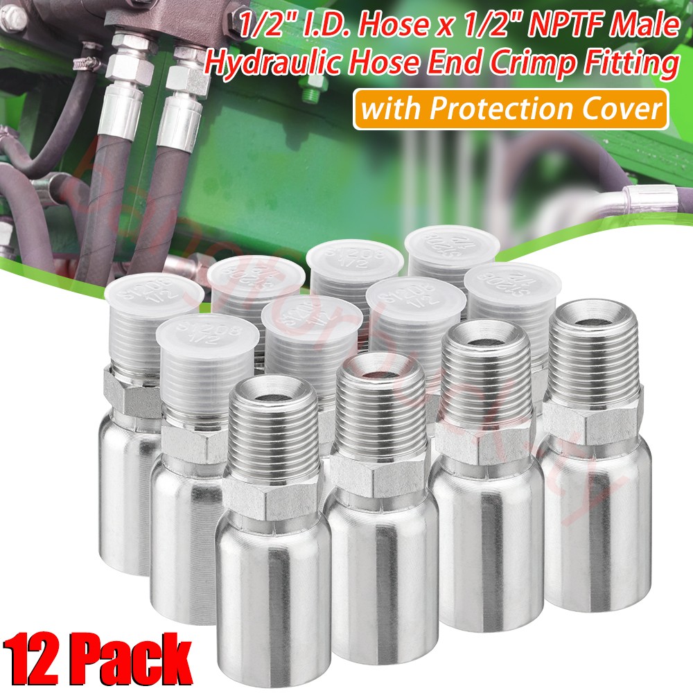 12Pack 1/2″ I.D. Hose x 1/2″ NPTF Male Hydraulic Hose End Crimp Fittings w/Cover