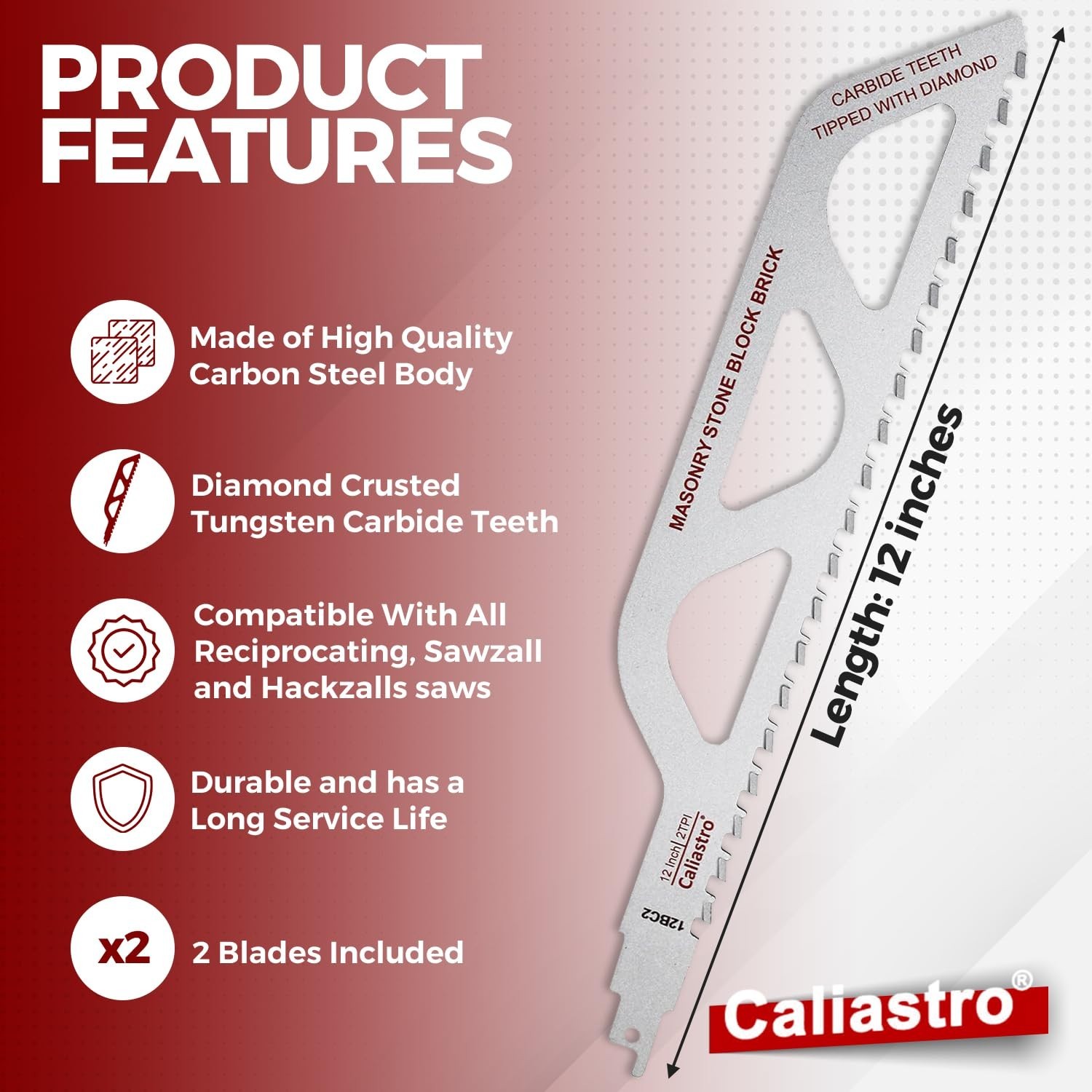 2 Pack Caliastro 12-Inch Cutting Reciprocating Saw Blade for Brick, Masonry NEW