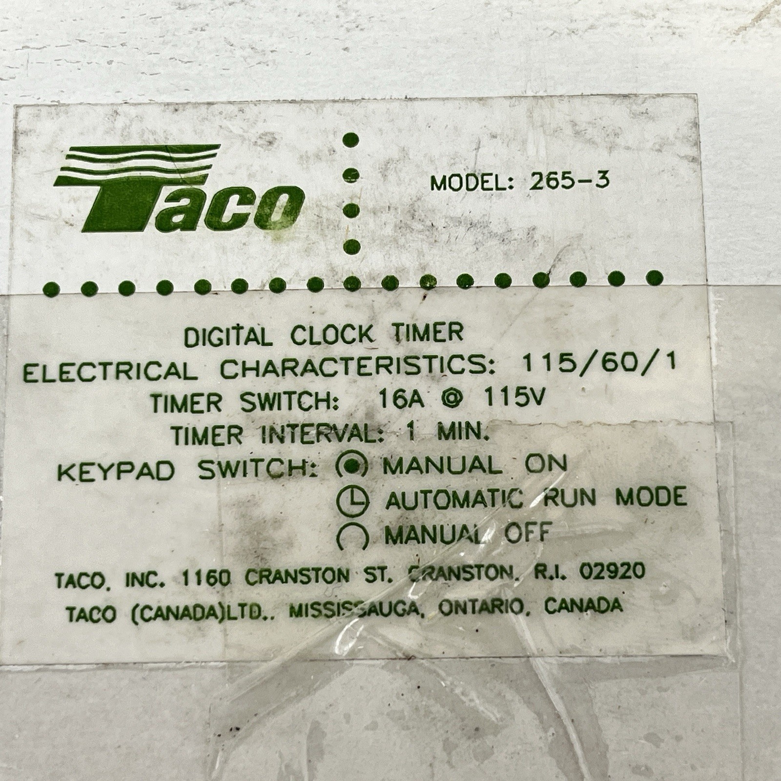 Taco 265-3 Digital Timer-w/ 1/2” Adapters-New w/ Instructions in Ripped Box