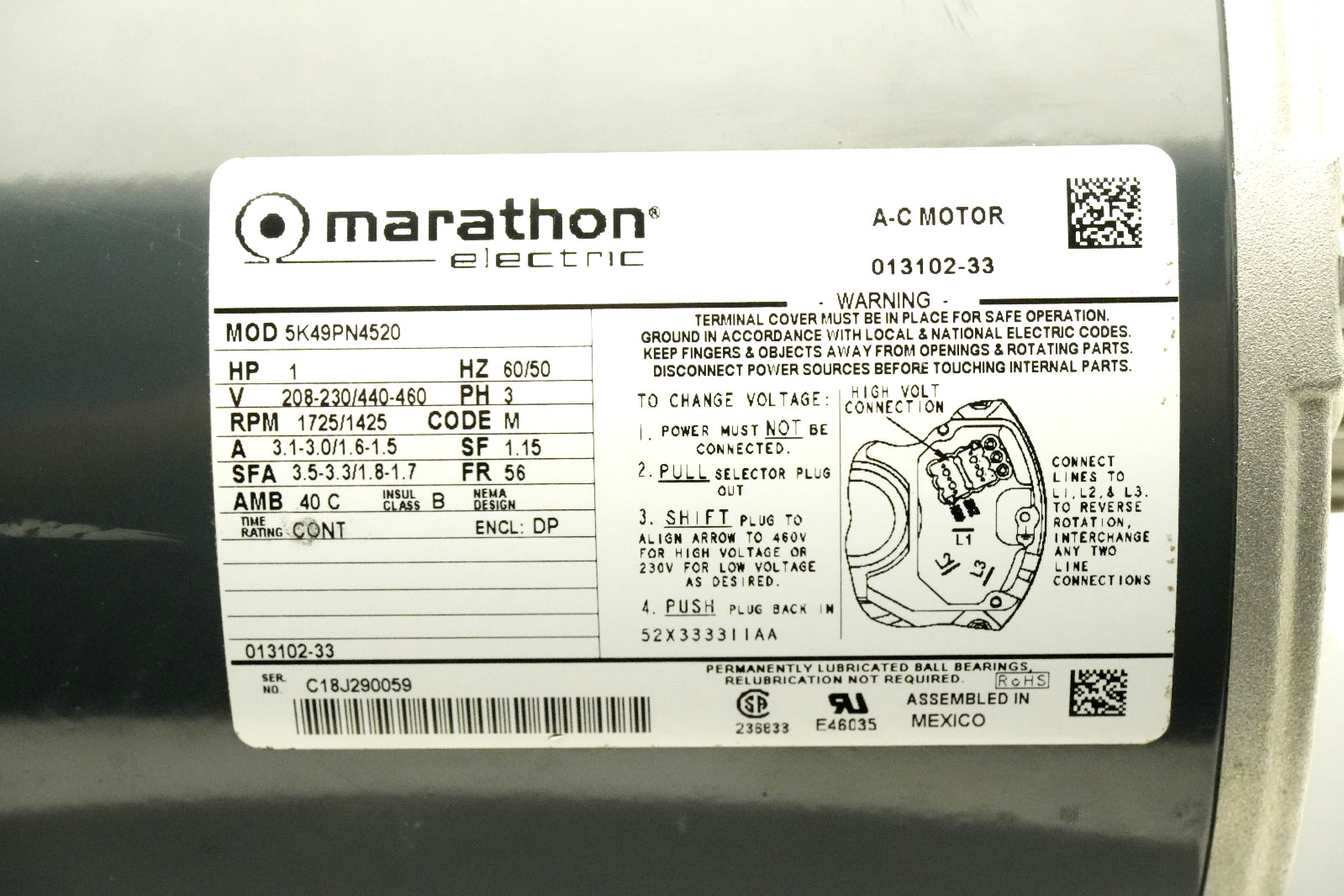 Taylor 013102-33 Beater Motor, 208-230/440-460V, 60/50HZ, 3PH, 1HP 5K49PN4520