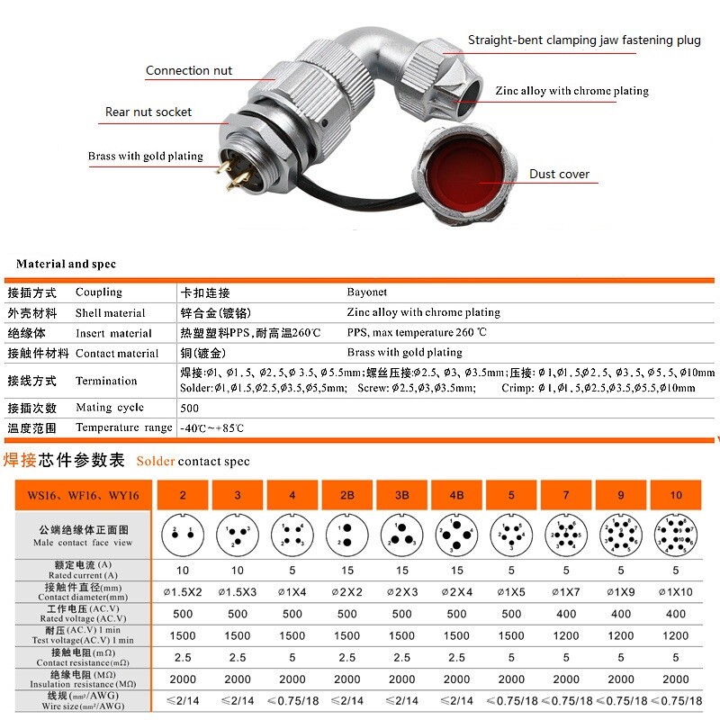WY16 2/3Pin-10Pin TU+ZM Right-angle bend 90° plug Round Female Rear Mount Socket