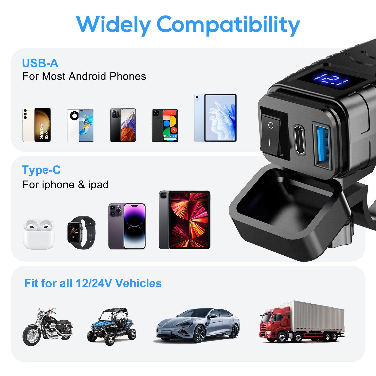 QC 3.0 Motorcycle SAE Dual USB Phone GPS Super Fast Charger Adapter Waterproof