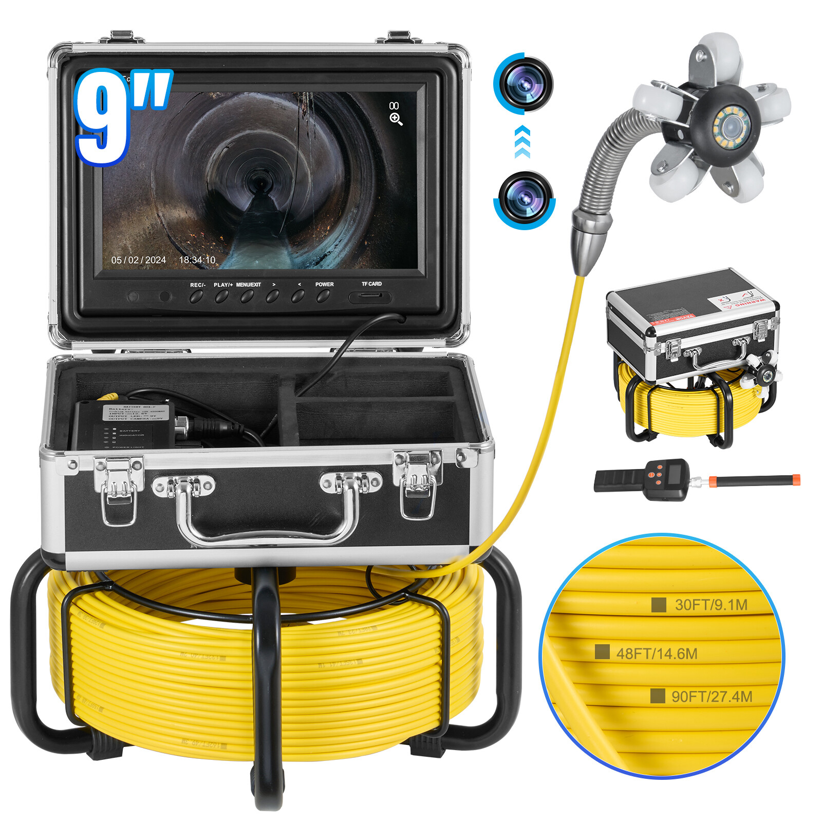 9″ Sewer Camera 98 ft/30 m Self-Leveling Drain Duct Camera with 512Hz Locator