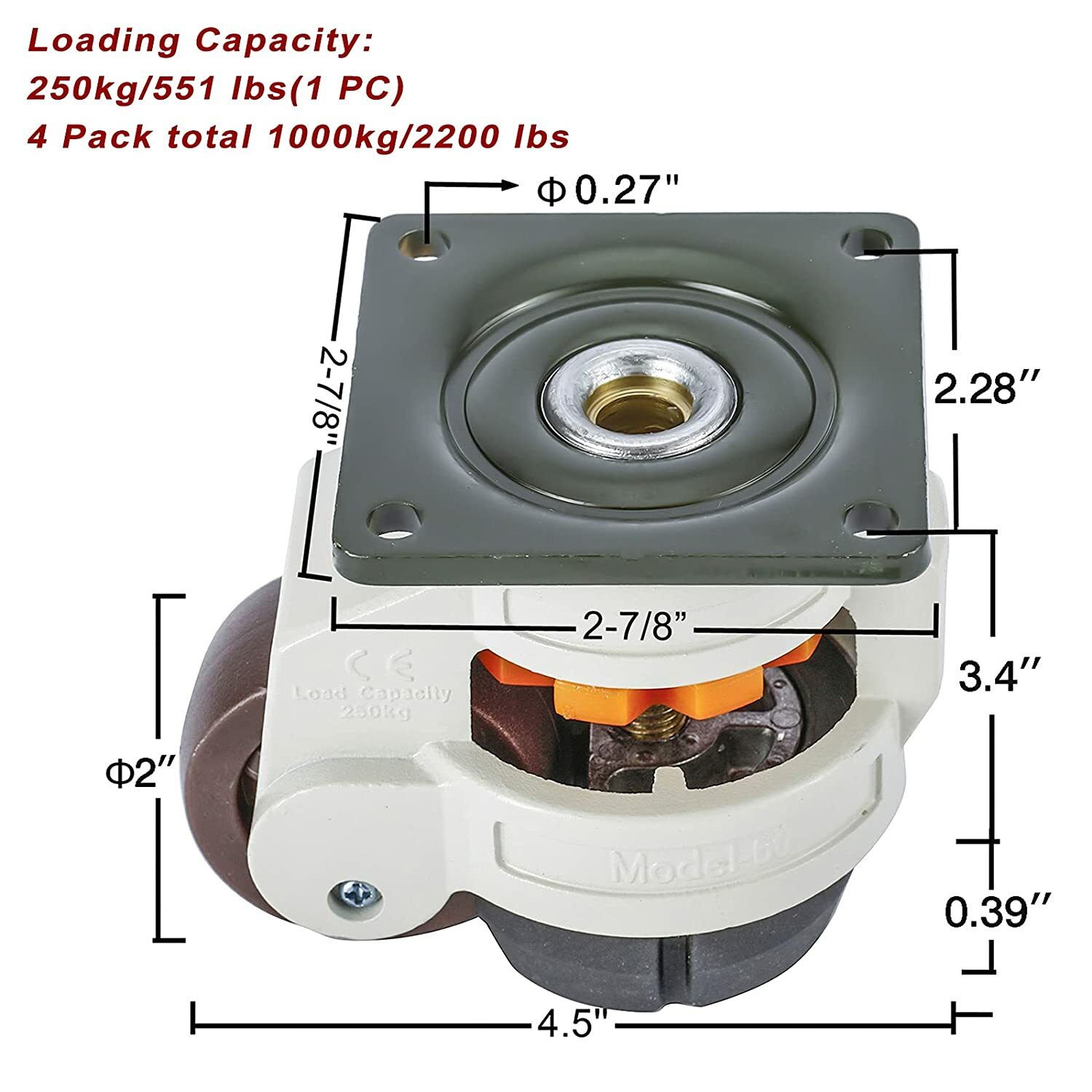 4 Pack Retractable Leveling Machine Casters w/ Nylon Wheel & Rubber Foot 2200lbs