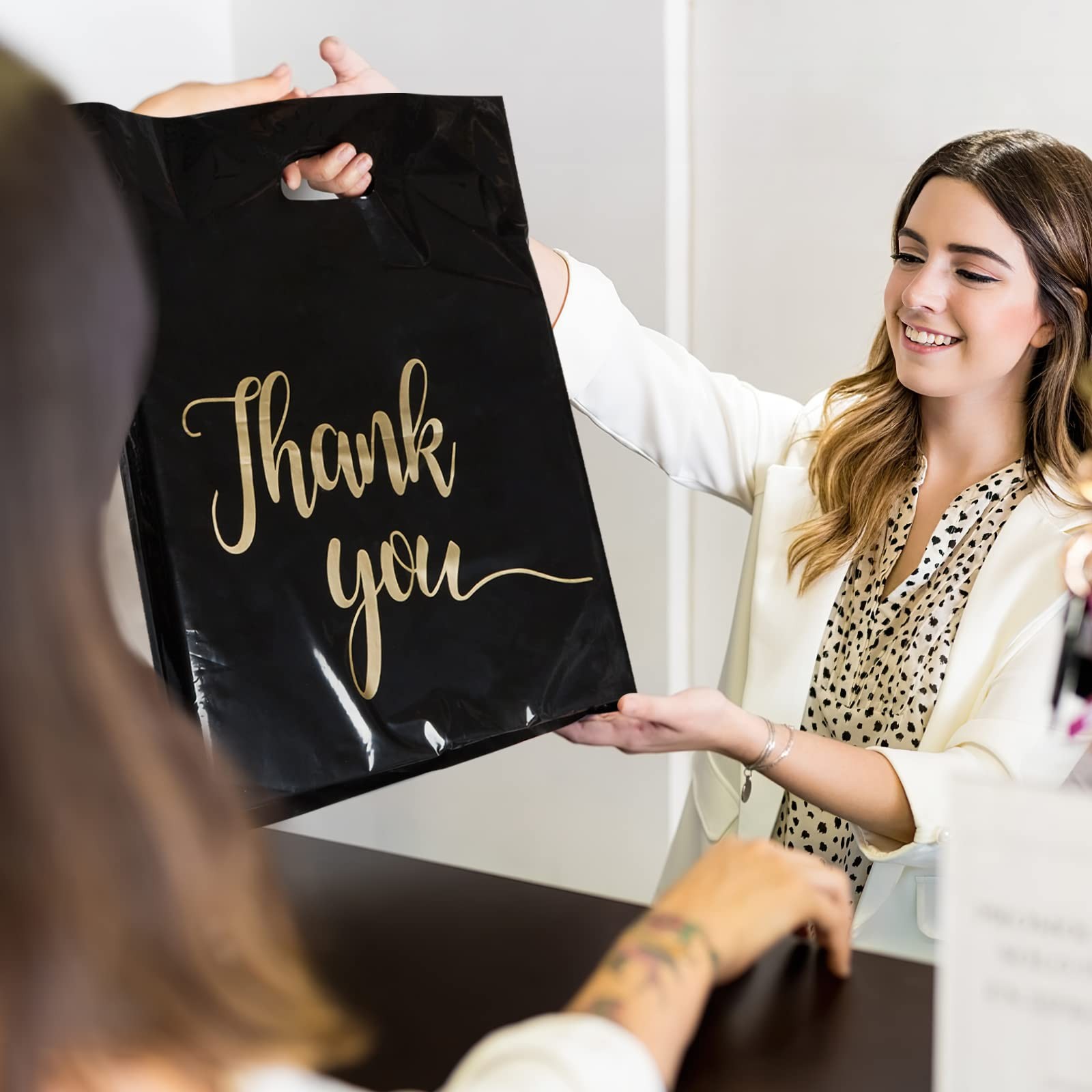 100 Pack Black Thank You Shopping Bags for Small Business – 15″x18″ Extra Thick