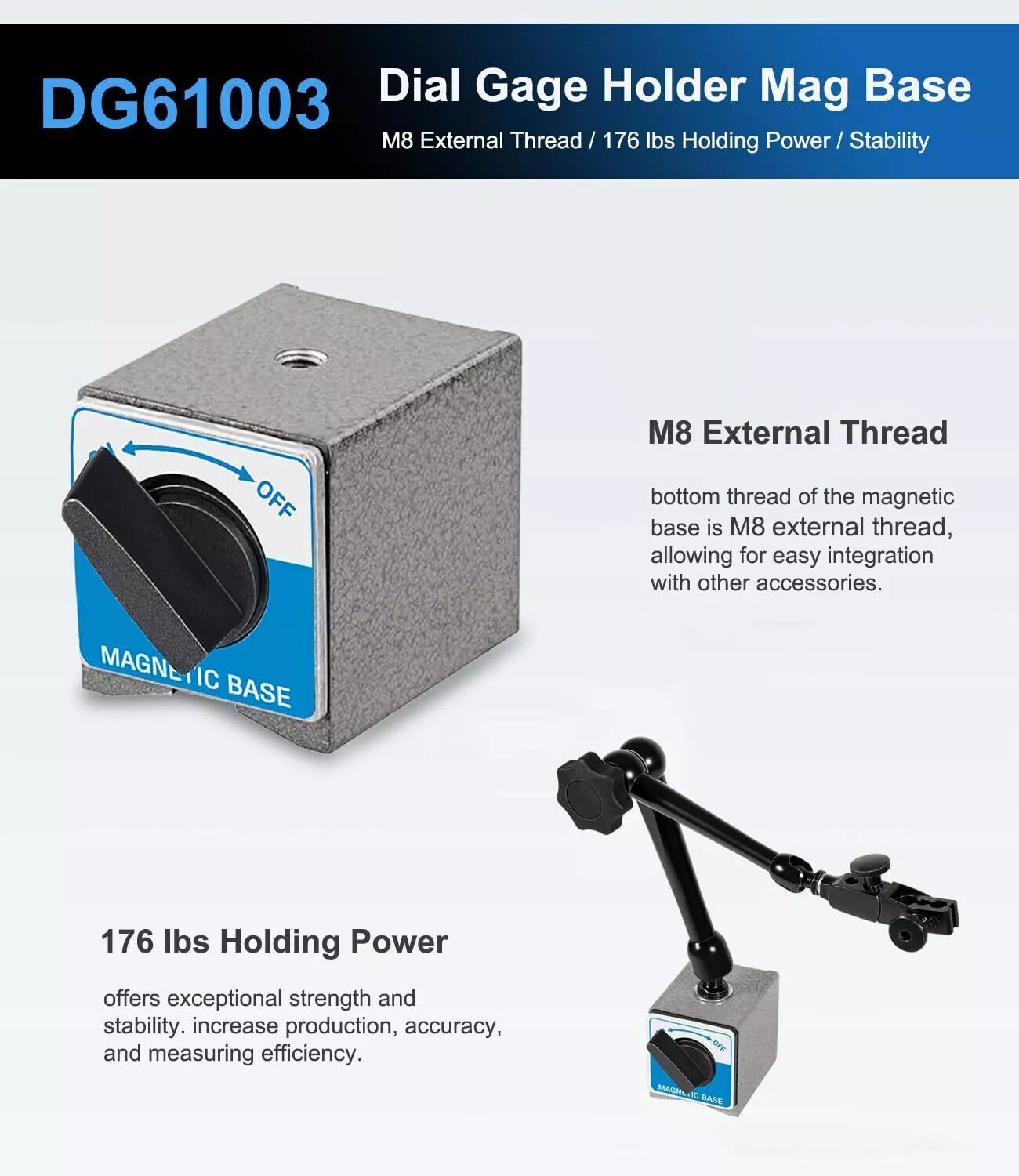 For Noga DG61003 Dial Gage Test Indicator Holder Magnetic Base 176lb Fine Adjust