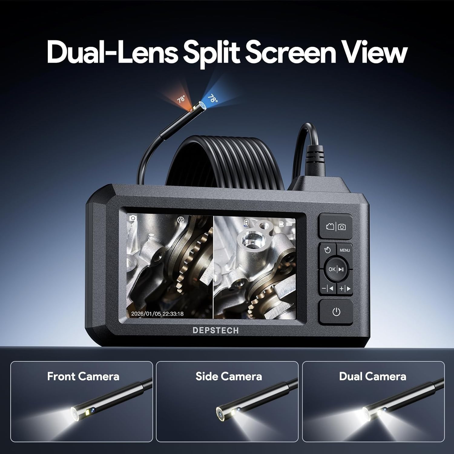Dual Lens Industrial Endoscope, 1080P Digital Borescope Inspection Came
