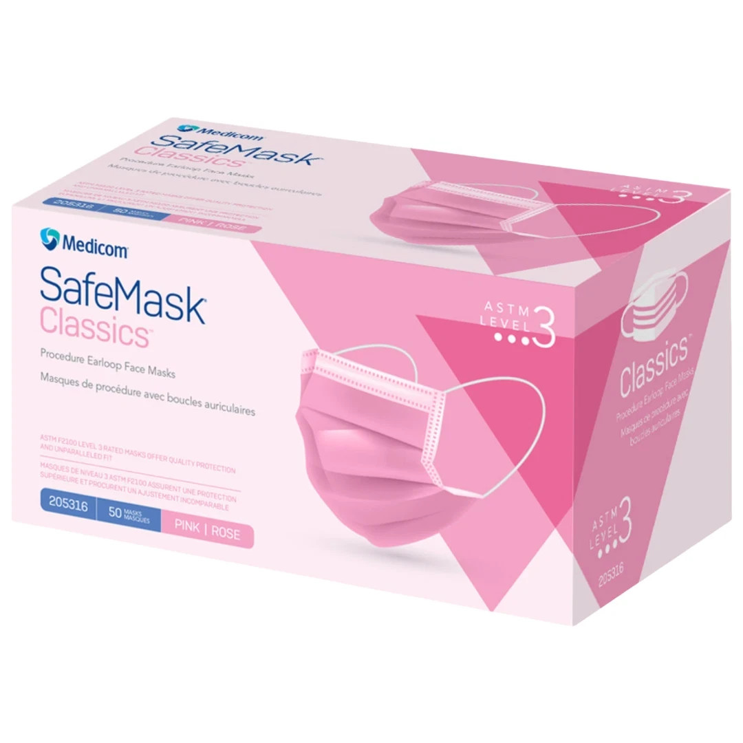 Medicom SafeMask Classic Pink Earloop Face Masks, ASTM Level 3 – Box of 50 Masks