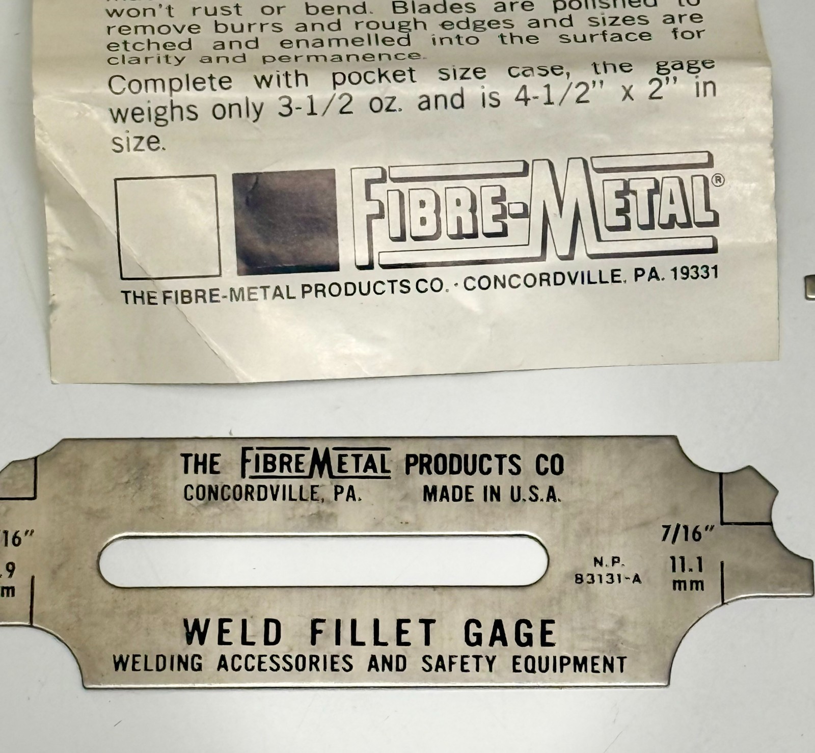 Fibre-Metal Products Weld Fillet Gauge 7 Pc Set Vintage Inspection Tool w/ Paper