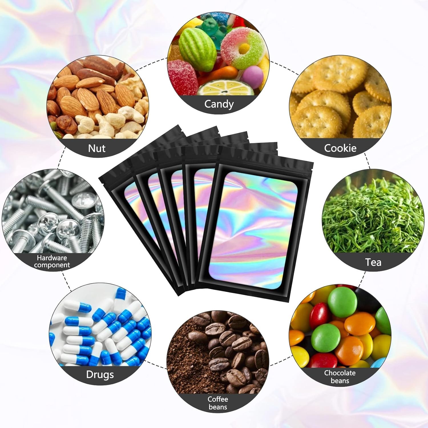 Funfery 100 pcs Black Mylar Holographic Resealable Bags,Clear Packaging Bag Odor