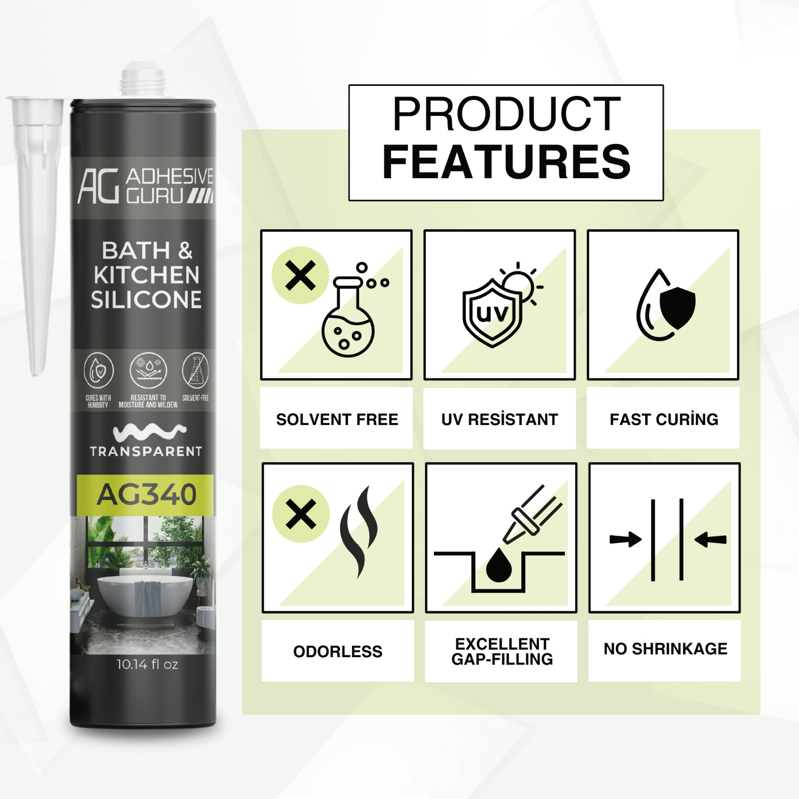 Adhesive Guru AG340 Clear Silicone Sealant (12×10.14 fl oz), 100% Silicone Caulk