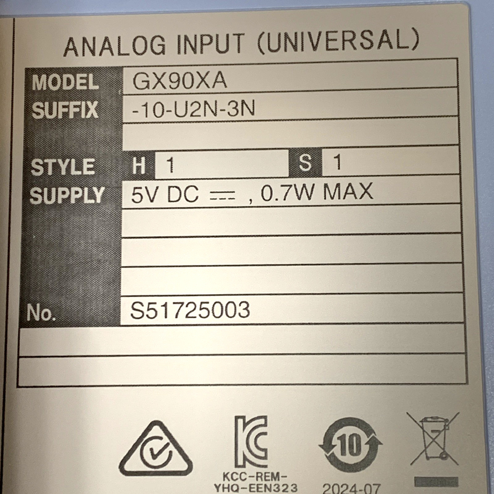 YOKOGAWA GX90XA ANALOG INPUT MODULE GX90XA-10-U2N-3N