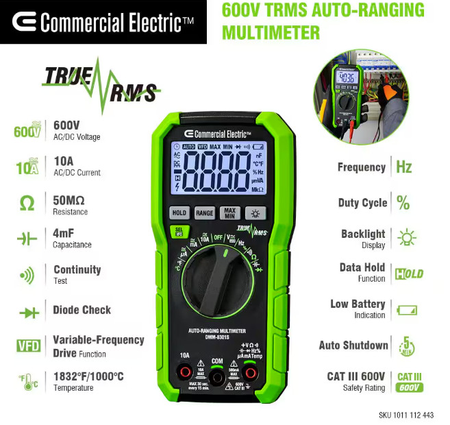 Commercial Electric 600V True RMS Auto Ranging Digital Multimeter W/ Temp