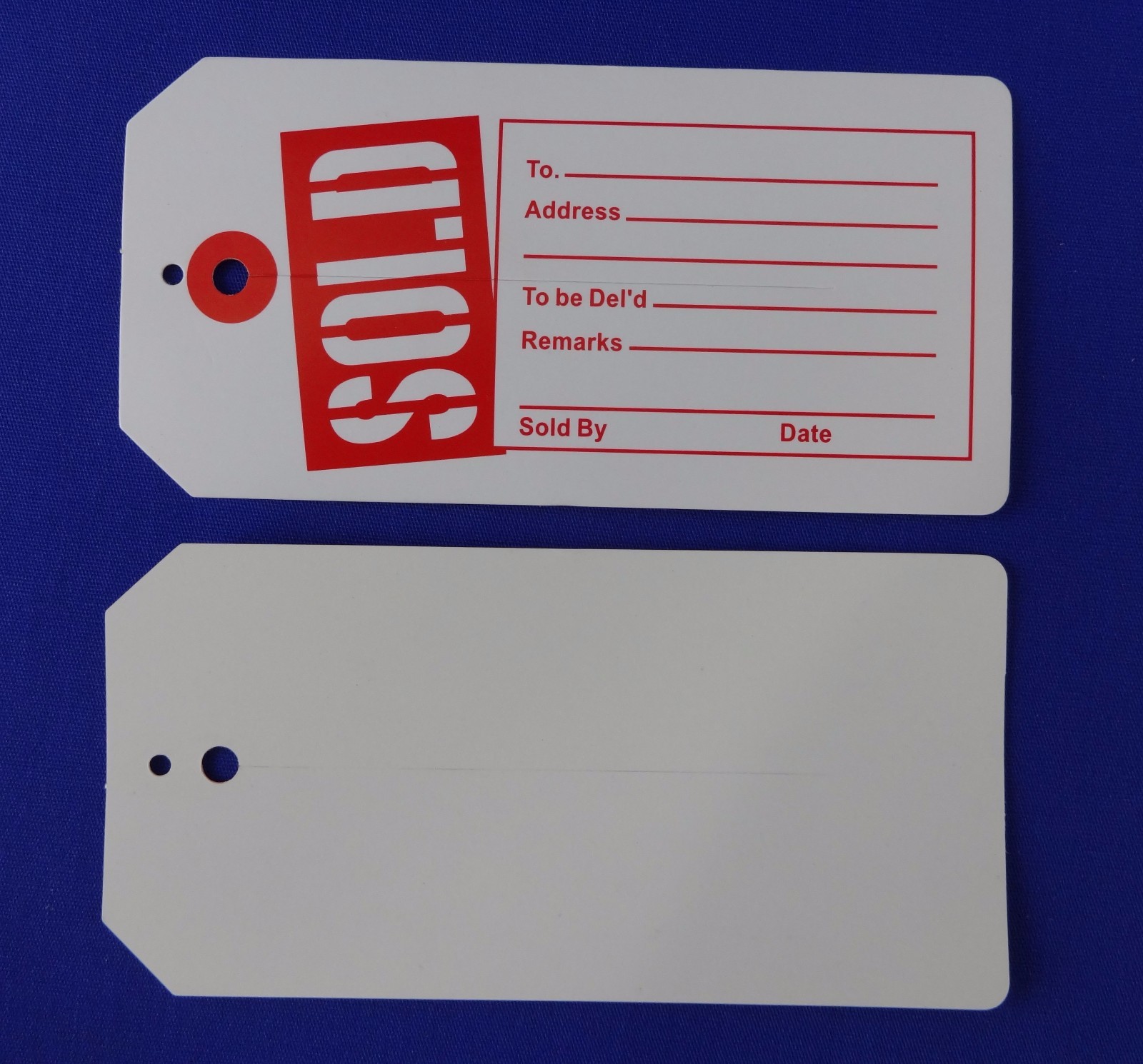 Qty. 100 Red / White Sold Tags with Slit Merchandise Price Tags