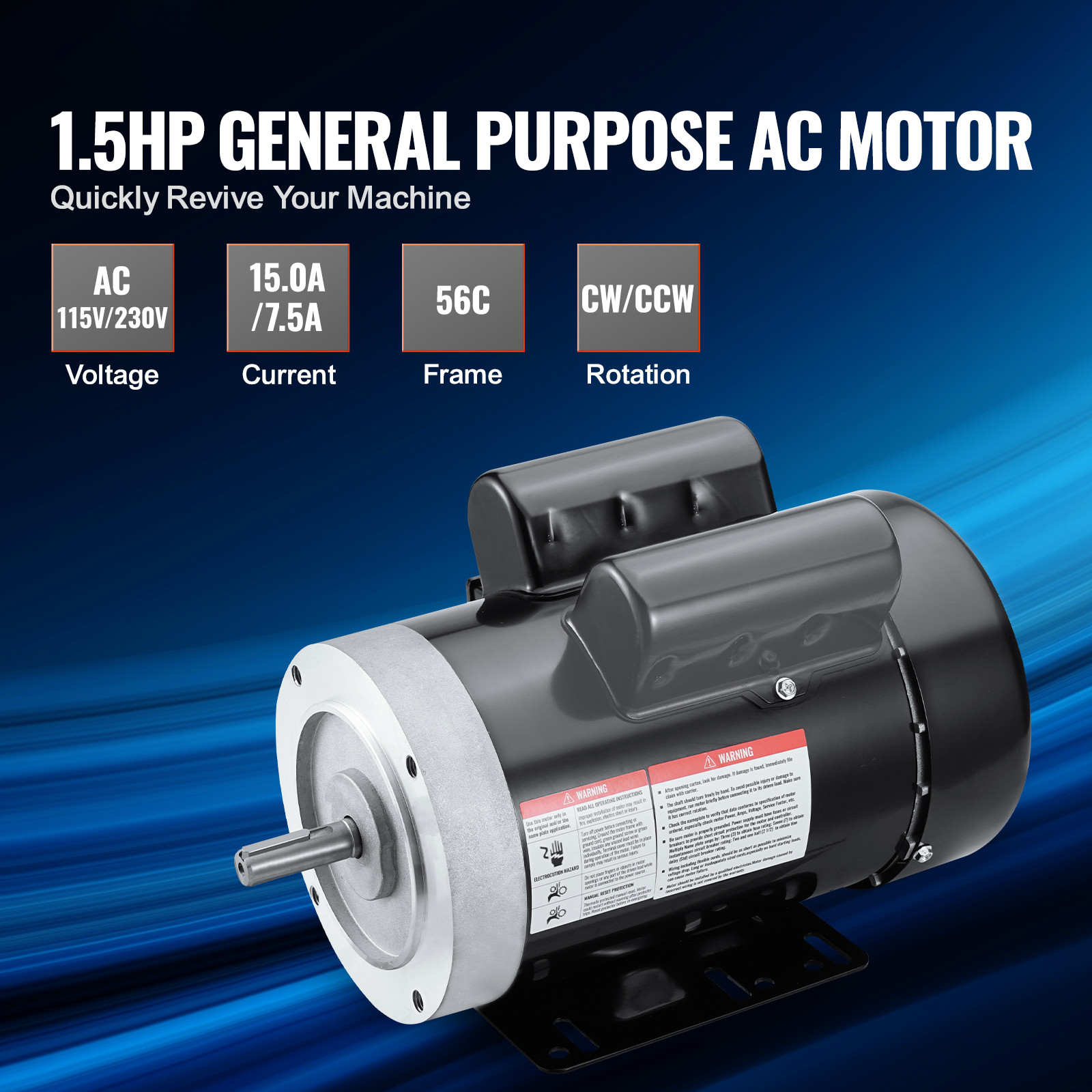 VEVOR 1.5HP Electric Motor 3450RPM 56C Frame 1-Phase 5/8″ Keyed Shaft 115V/230V