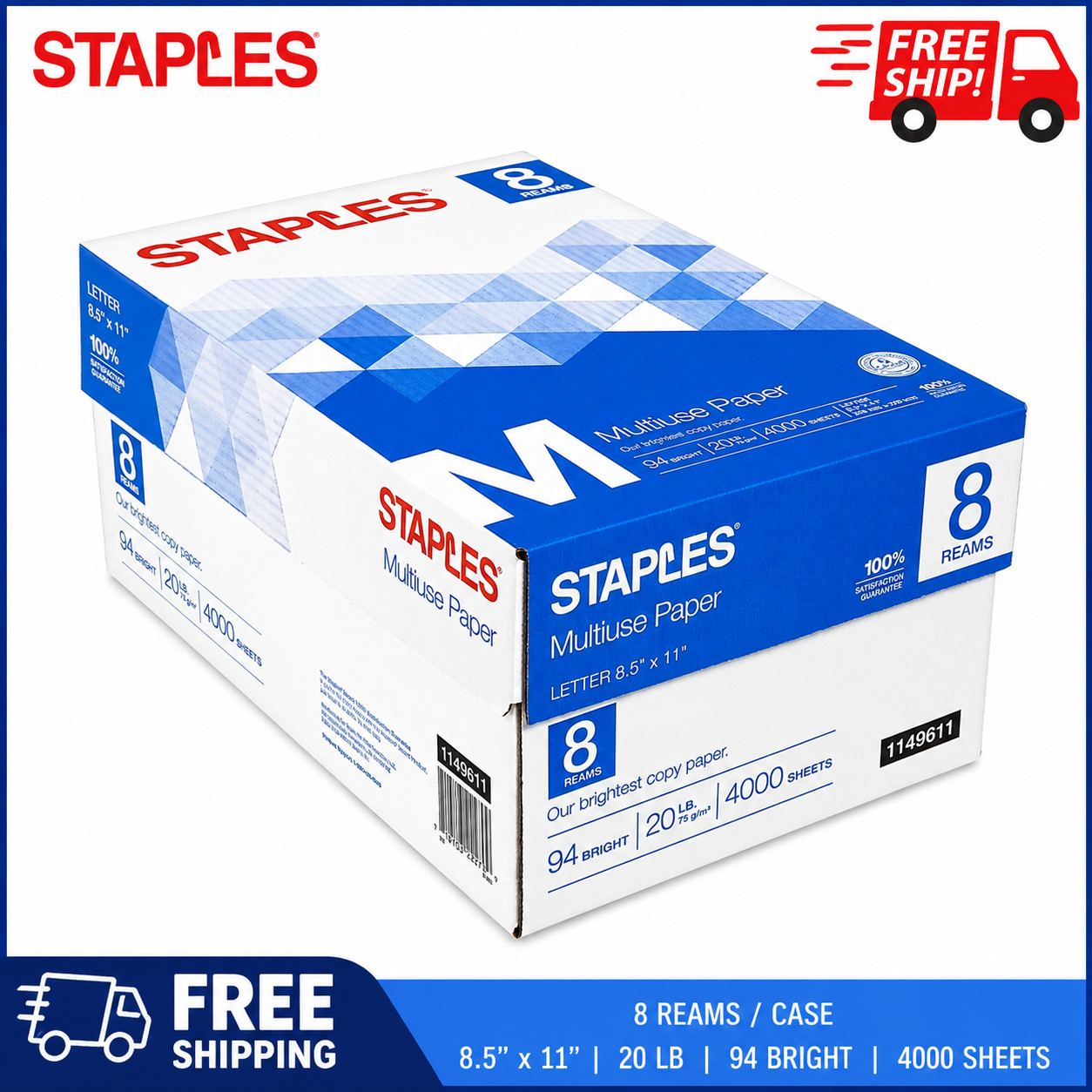 Multiuse Copy Paper 8.5″ x 11″ 20lb 8 Ream Case 4000 Sheets Free Shipping