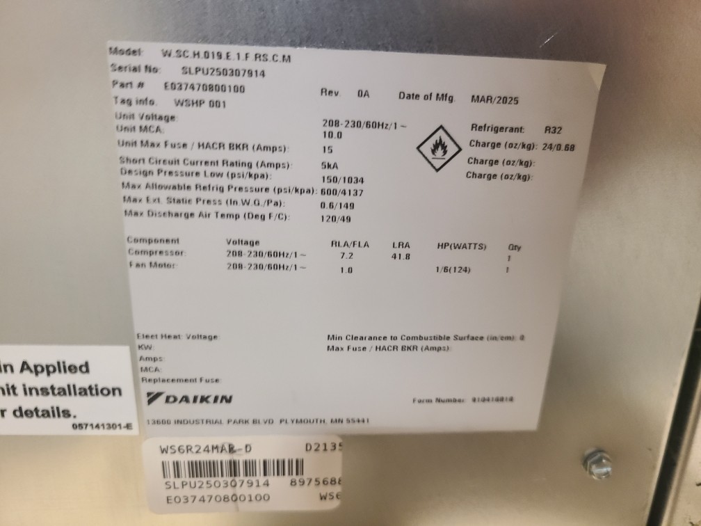 Daikin Water Source Heat Pump; W.SC.H.019.E.1.F.RS.C.M; E037470800100; WSHP; NEW
