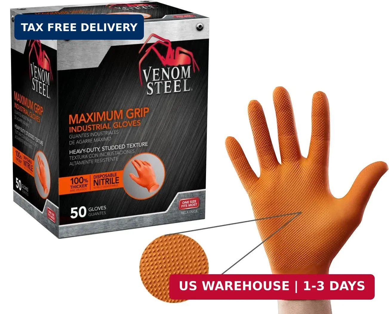 Venom Steel Orange Nitrile Gloves, 8 mil Thick, One Size (Pack of 50),