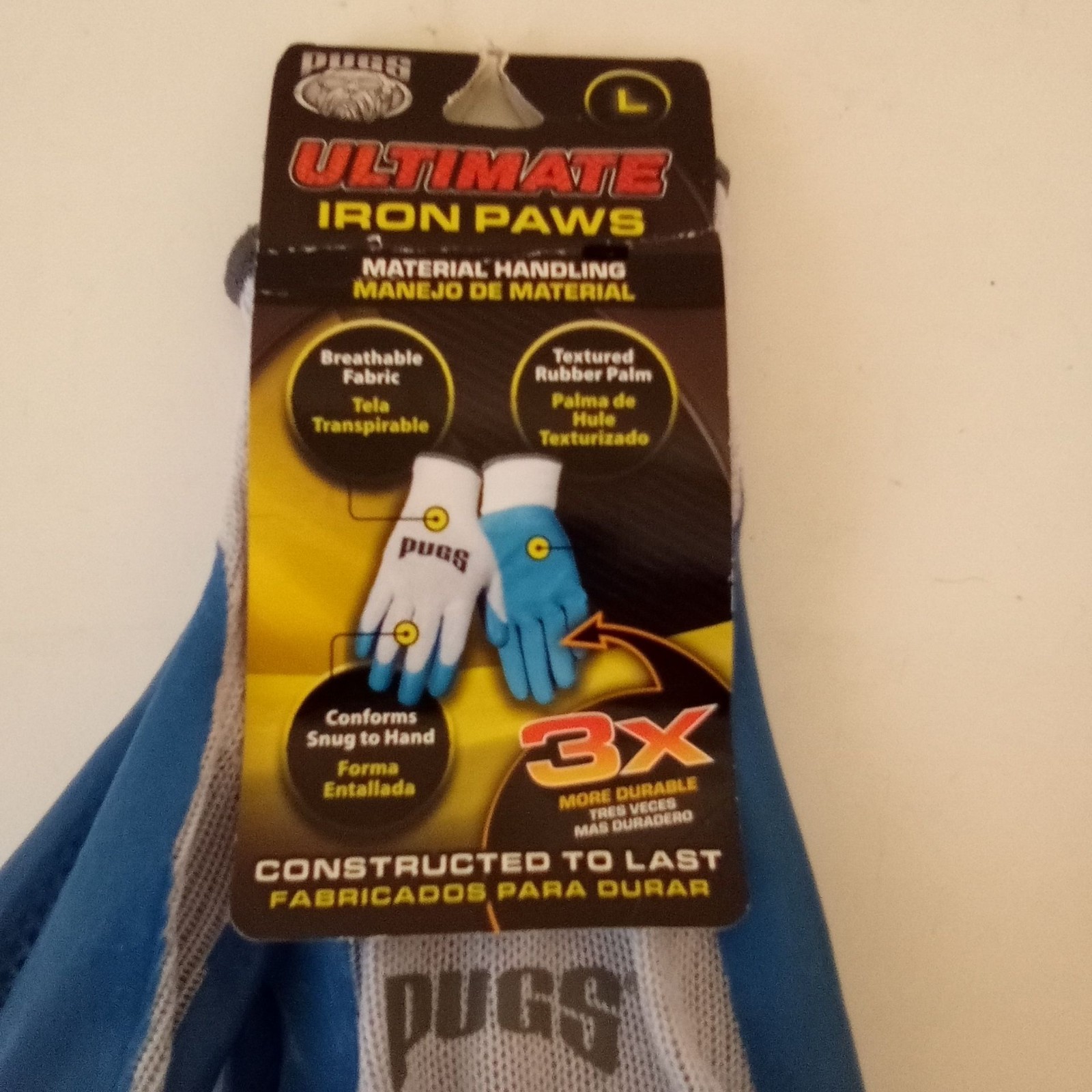 Pugs Ultimate Iron Paws Blue Gray Breathable Texture Rubber Palm Gloves sz L NWT